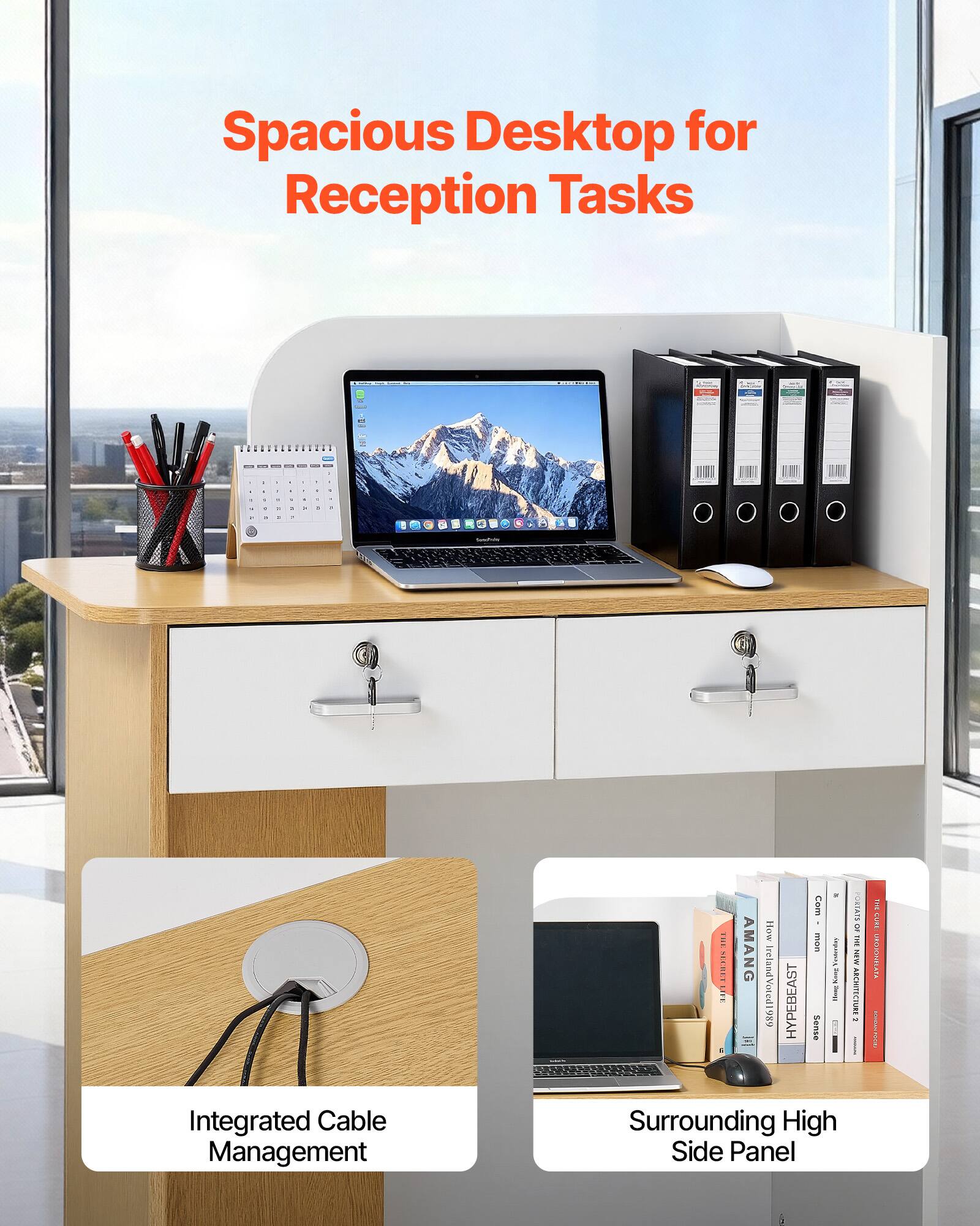 Spacious Desktop for Reception Tasks

Integrated Cable Management

Surrounding High Side Panel
