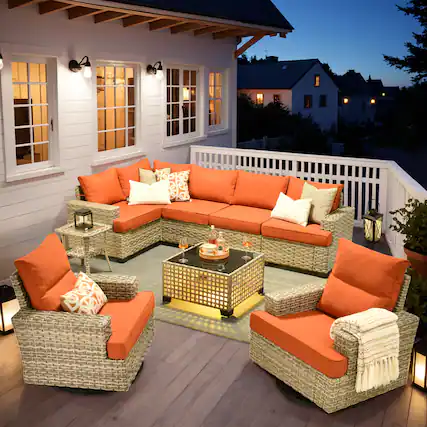 Front. Ovios - 9 PCS Patio Furniture Sectional Sofa Set Swivel Rocking Chair with Coffee Table & Side Table - Orange Red.