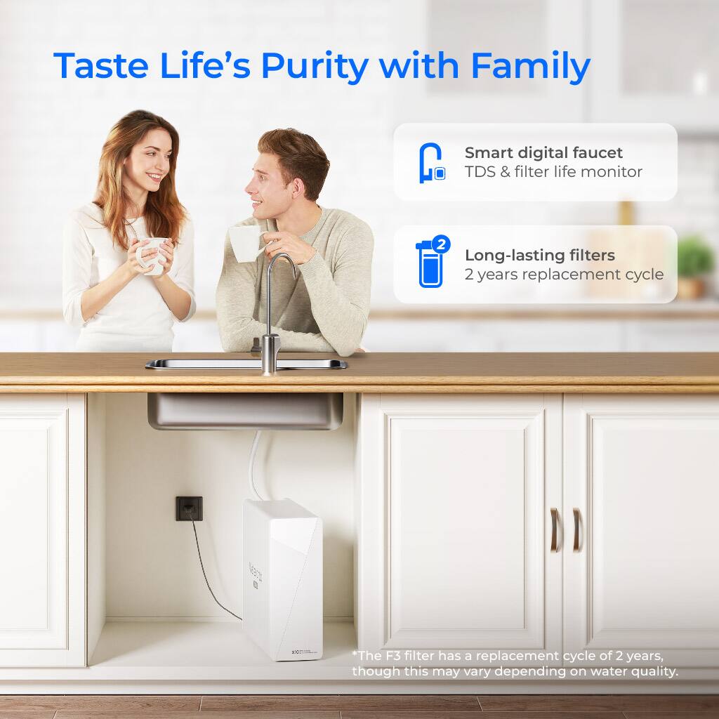 Taste Life's Purity with Family

- Smart digital faucet
  TDS & filter life monitor

- Long-lasting filters
  2 years replacement cycle

The F3 filter has a replacement cycle of 2 years, though this may vary depending on water quality.