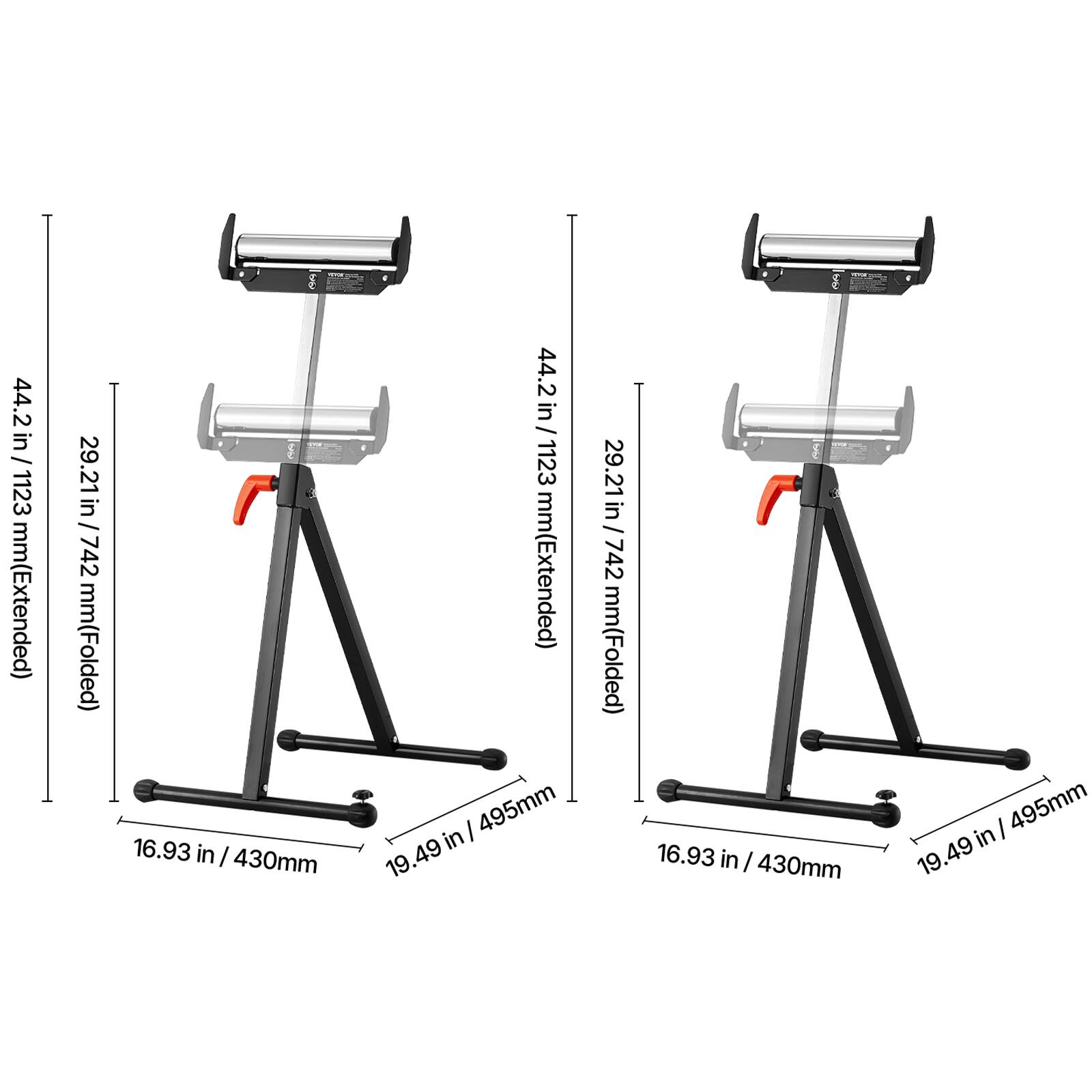 44.2 in / 1123 mm (Extended)  
29.21 in / 742 mm (Folded)  
16.93 in / 430 mm  
19.49 in / 495 mm