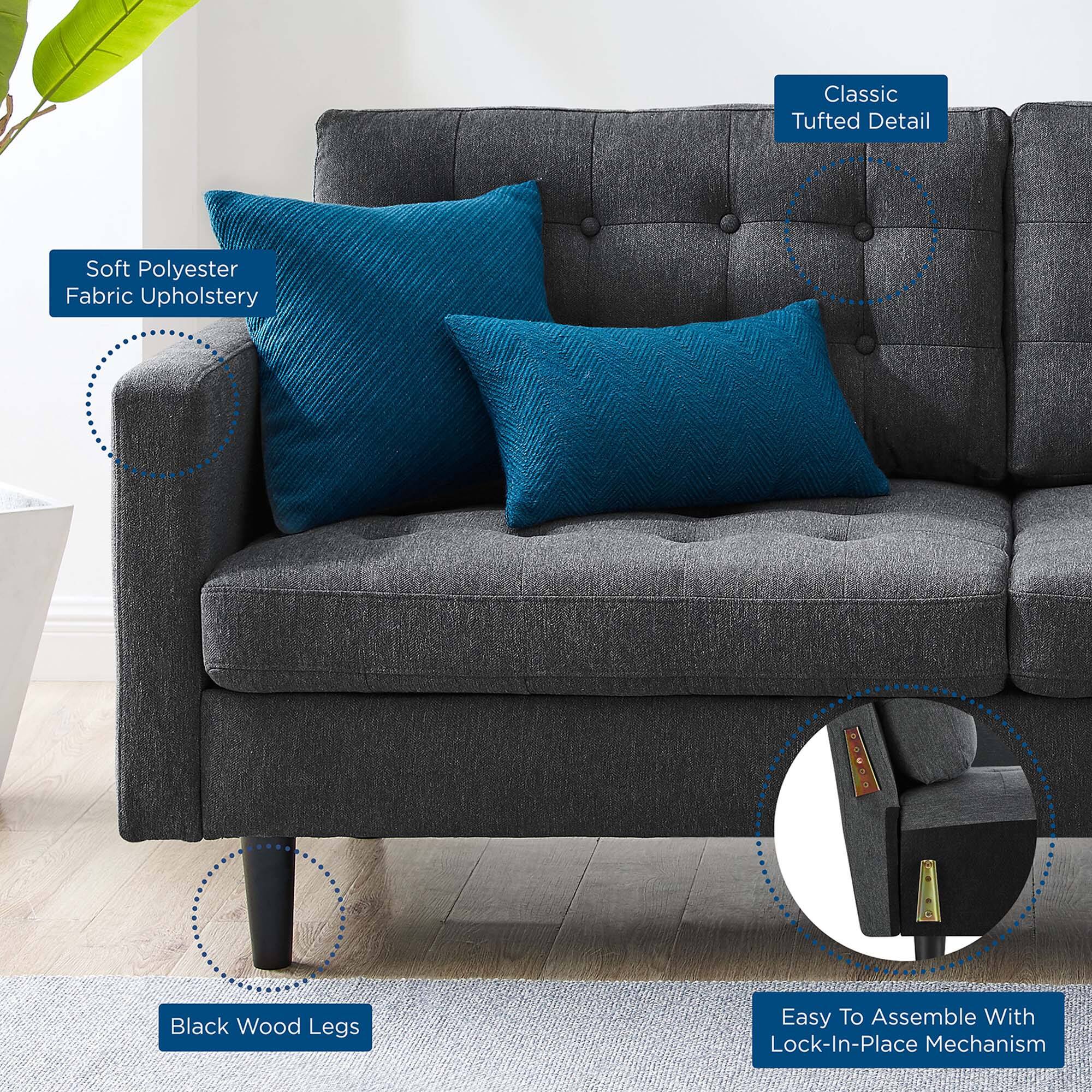 - Soft Polyester Fabric Upholstery
- Classic Tufted Detail
- Black Wood Legs
- Easy To Assemble With Lock-In-Place Mechanism