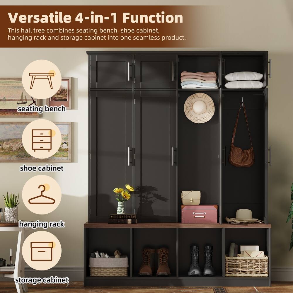 Versatile 4-in-1 Function  
This hall tree combines seating bench, shoe cabinet, hanging rack and storage cabinet into one seamless product.