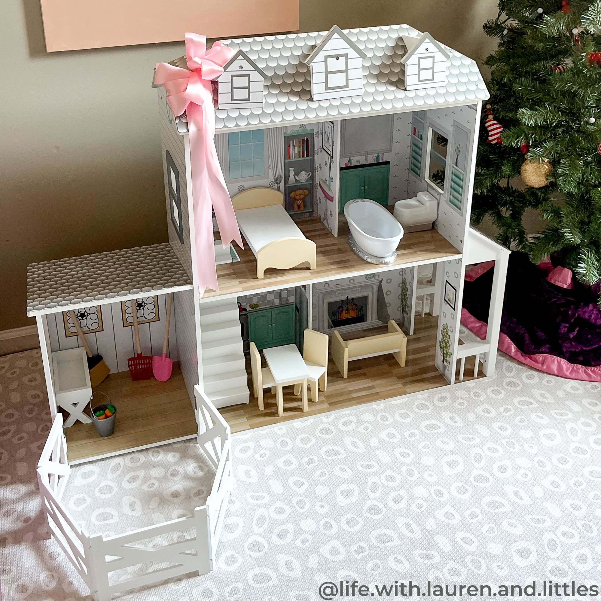 Alt View 6. Teamson Kids - 2-Story Farmhouse Dollhouse with Stable.