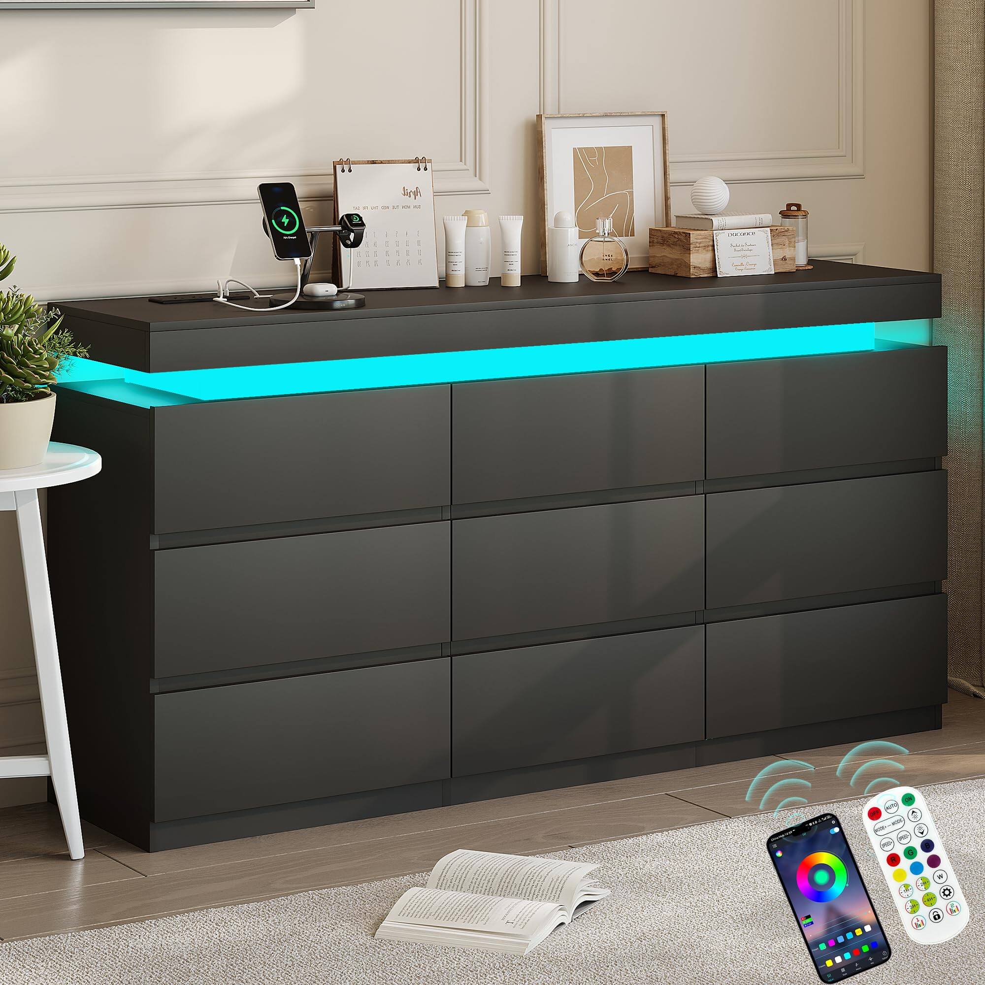 Left. Dyonery - 9-Drawer Dresser with LED Lights and Charging Station, Modern Wide Chest of Drawers, Large Storage Cabinet - Black.