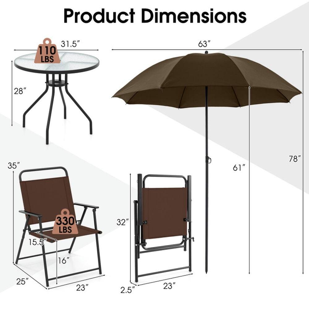 Product Dimensions

- Table: 31.5" diameter, 28" height, 110 lbs capacity
- Umbrella: 63" diameter, 78" height, 61" pole length
- Chair: 35" height, 32" width, 15.5" depth, 25" seat height, 16" seat width, 23" armrest height, 2.5" armrest width, 330 lbs capacity
