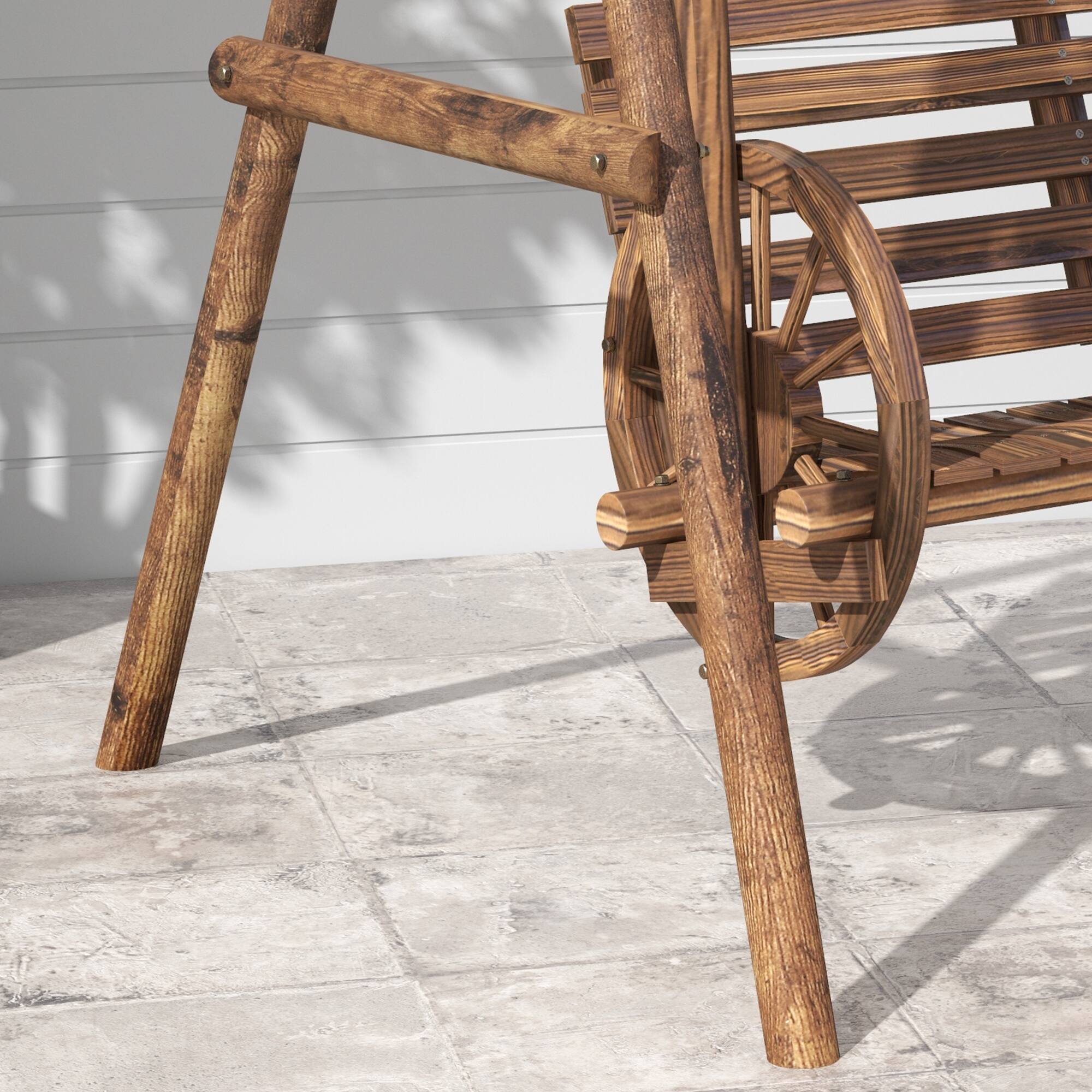 Alt View 8. Outsunny - Porch Swing with A-Frame Stand, Wooden Log Patio Swing Chair Bench with Wagon Wheel Armrests - Carbonized Brown.