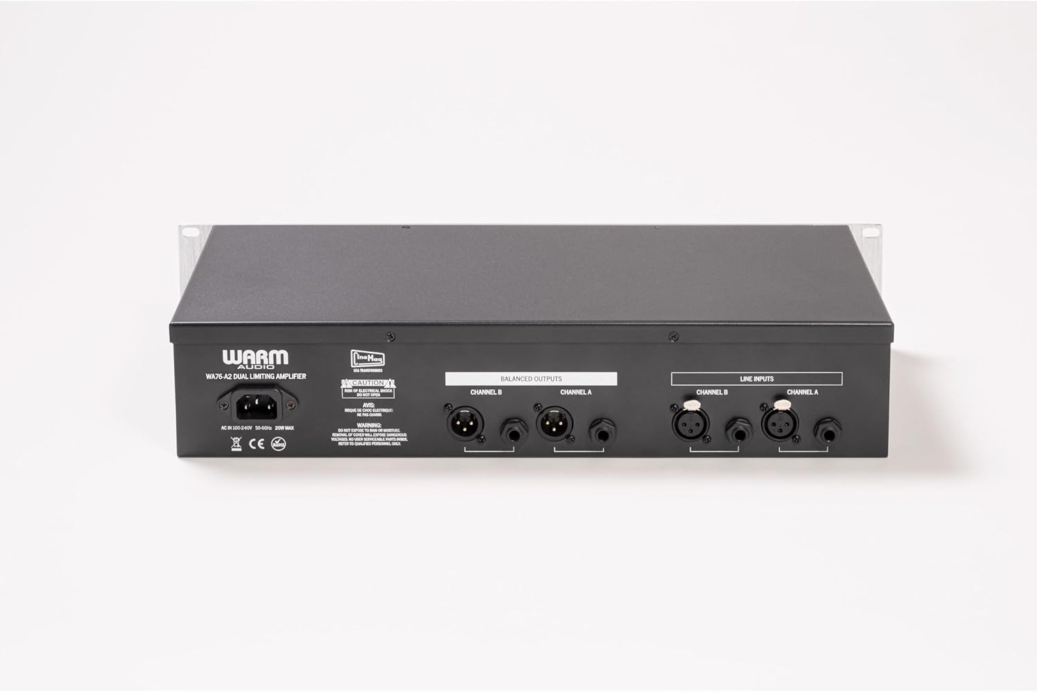 WARM WA75-A2 DUAL LIMITING AMPLIFIER

CAUTION

BALANCED OUTPUTS
CHANNEL A
CHANNEL B

LINE INPUTS
CHANNEL A
CHANNEL B

WARMENKE

CE