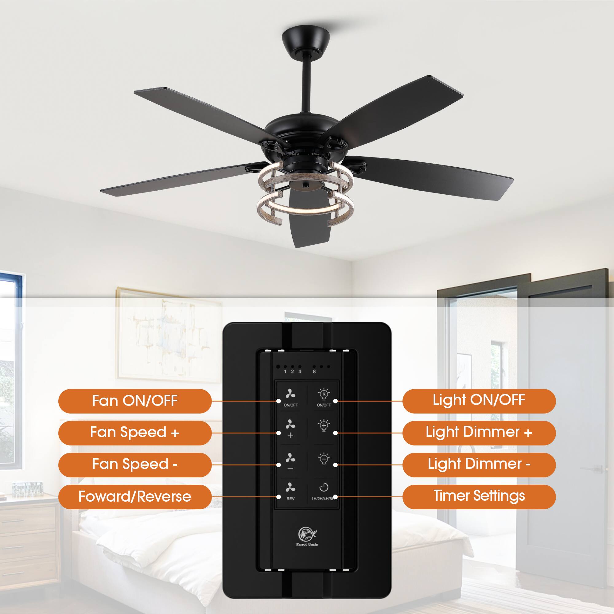 - Fan ON/OFF
- Fan Speed +
- Fan Speed -
- Forward/Reverse
- Light ON/OFF
- Light Dimmer +
- Light Dimmer -
- Timer Settings