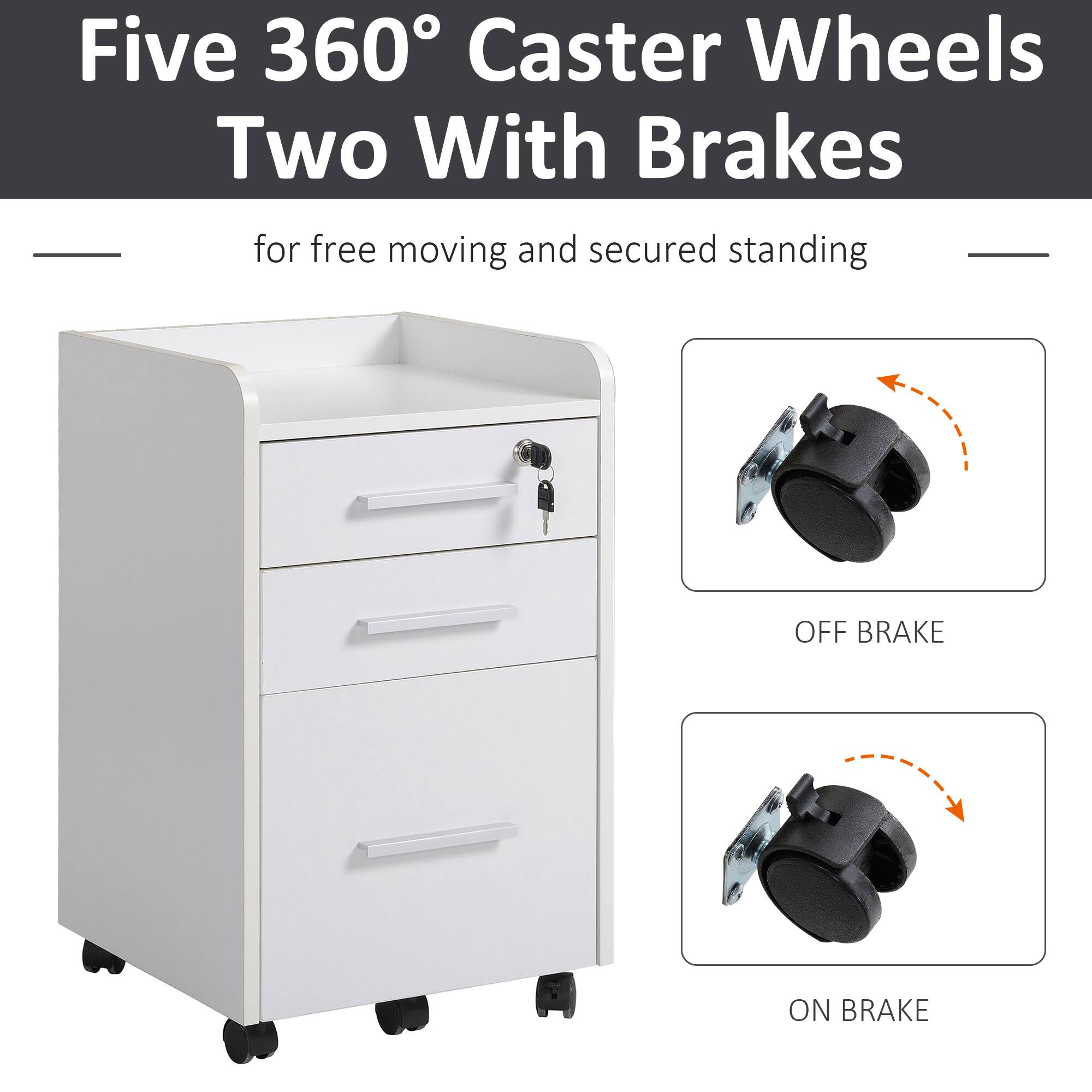 Five 360° Caster Wheels  
Two With Brakes  

for free moving and secured standing  

OFF BRAKE  
ON BRAKE