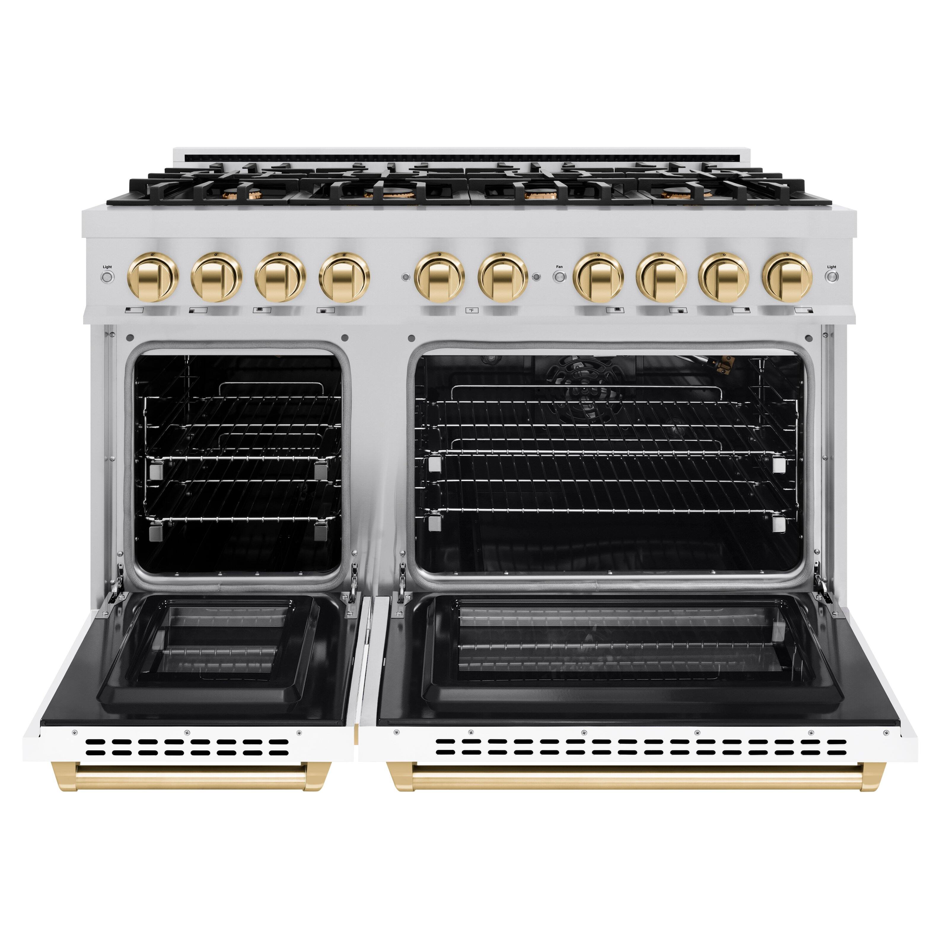 Left. ZLINE - ZLINE Autograph 48 in. 6.7 cu. ft. Freestanding Select Gas Range w/ 8 Burners & White Doors w/ Gold Accents - Stainless Steel.