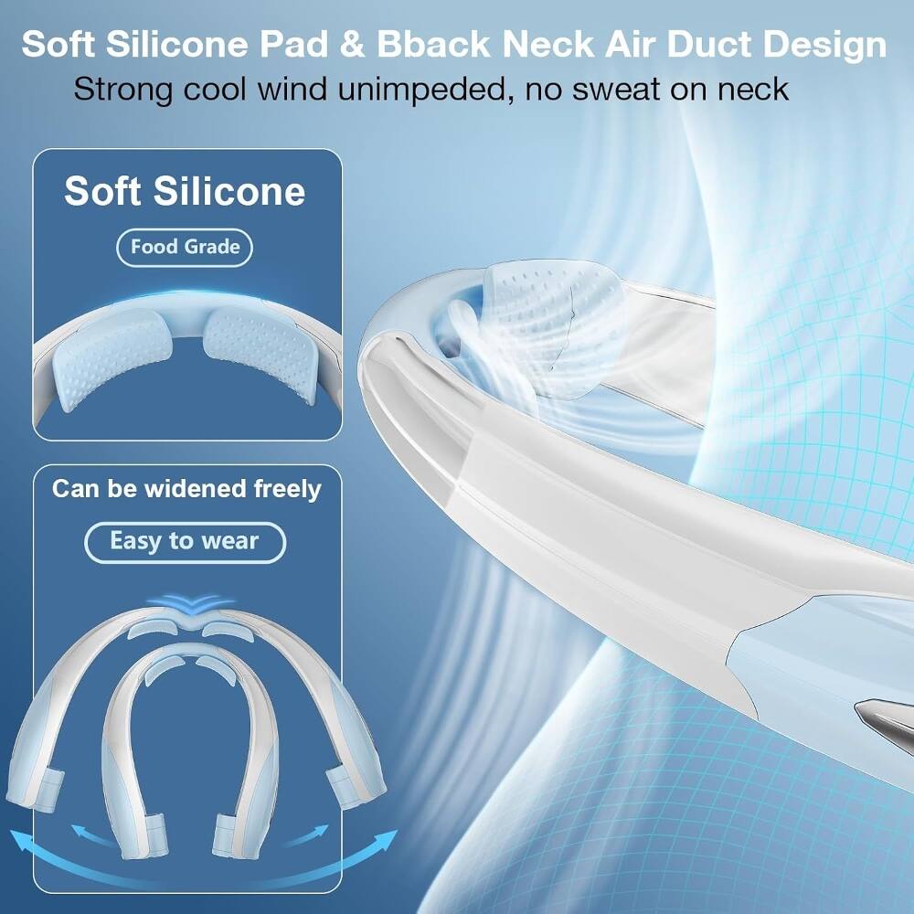 Soft Silicone Pad & Bback Neck Air Duct Design  
Strong cool wind unimpeded, no sweat on neck  
Soft Silicone  
Food Grade  
Can be widened freely  
Easy to wear
