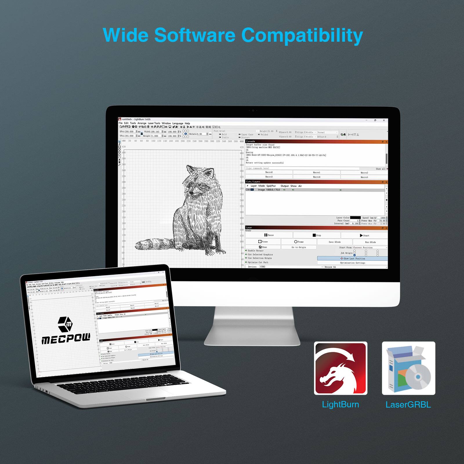 Wide Software Compatibility
- LightBurn
- LaserGRBL
- MECPOW