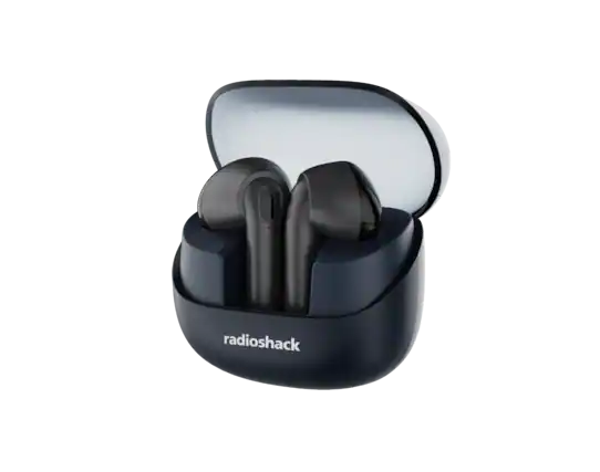 Front. RadioShack - Transparent Case TWS Earbuds IPX5 Bluetooth 5.4 Noise Cancelling 3304411 - Navy Blue.