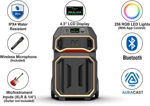 IPX4 Water Resistant  
4.3" LCD Display  
256 RGB LED Lights (With App Control)  
Wireless Microphone (Included)  
Bluetooth Mic/Instrument Inputs (XLR & 1/4") (Guitar not Included)  
AURACAST