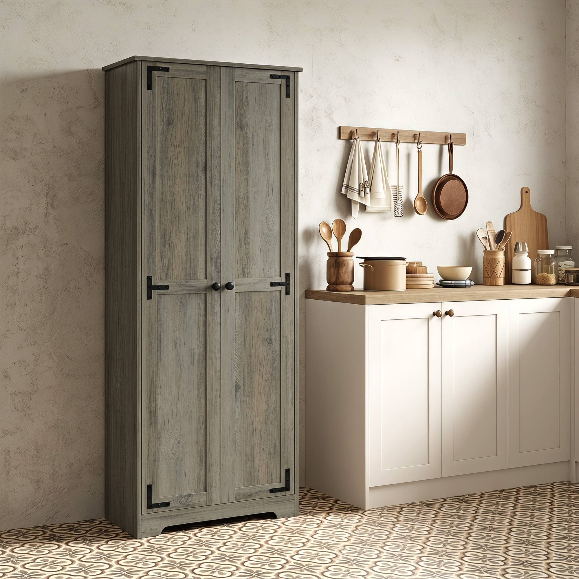 Alt View 8. Homcom - 67" Farmhouse Pantry Cabinet, Freestanding Food Pantry Cabinet with Adjustable Shelves - Gray.
