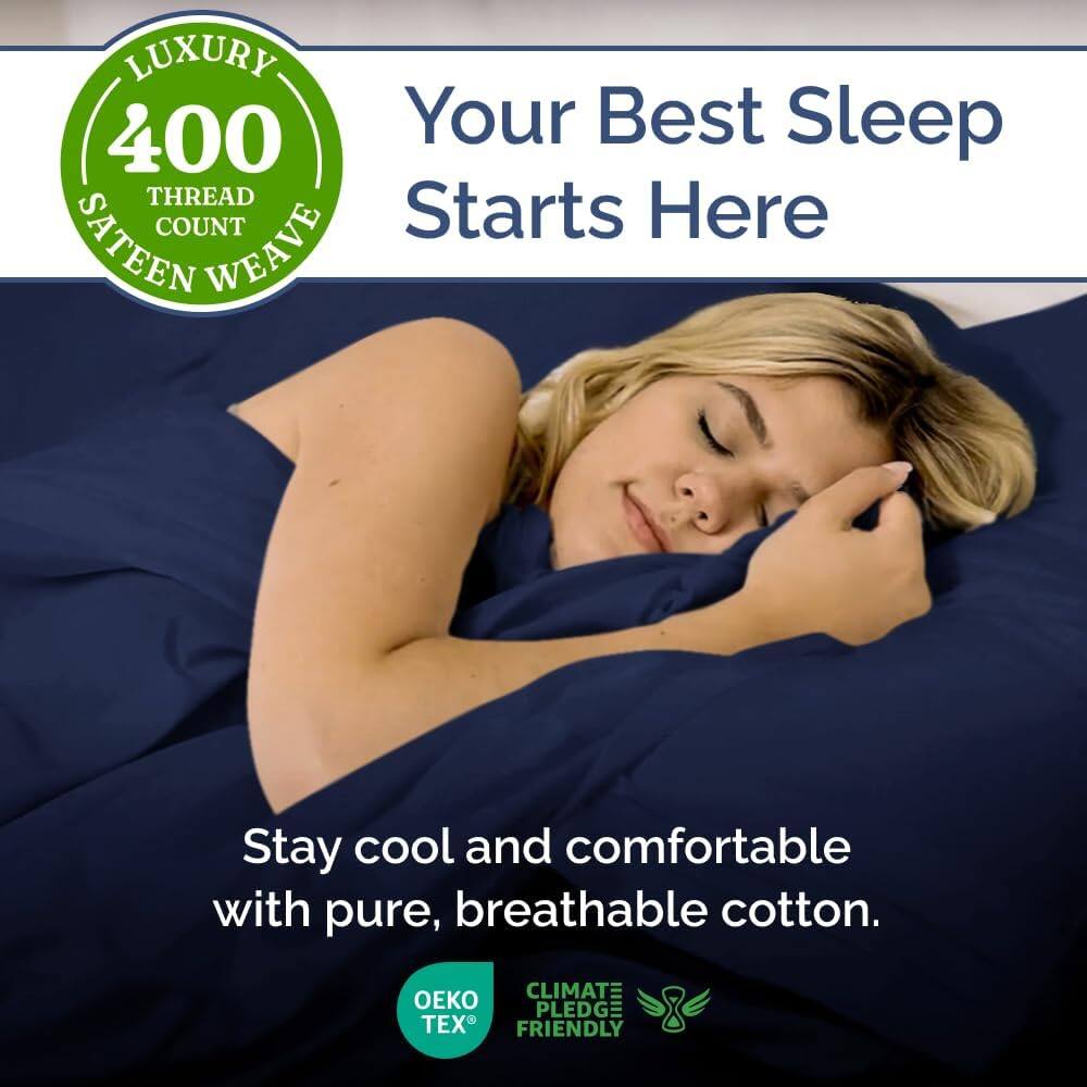 LUXURY 400 THREAD COUNT SATEEN WEAVE

Your Best Sleep Starts Here

Stay cool and comfortable with pure, breathable cotton.

OEKO TEX
CLIMATE PLEDGE FRIENDLY