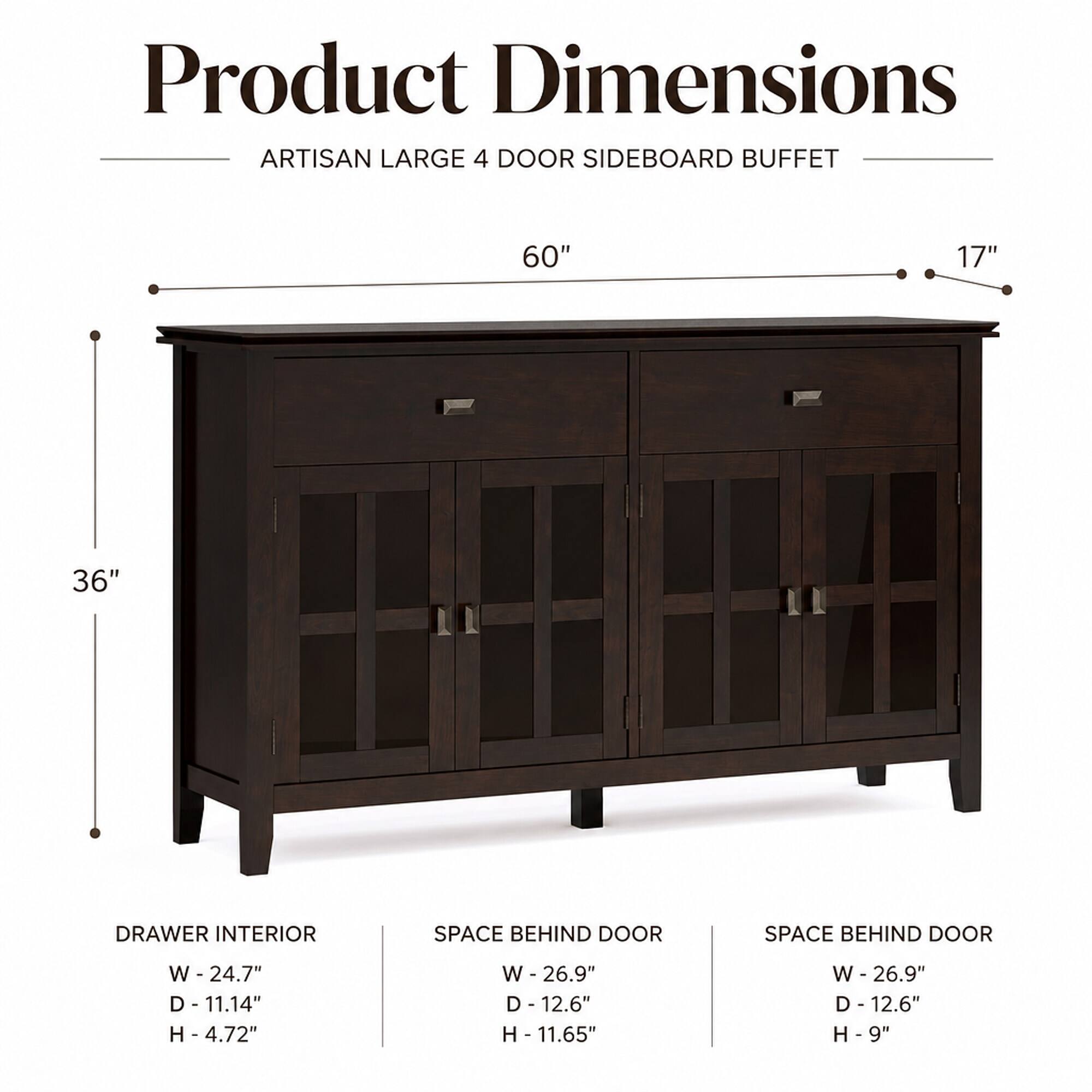 RYHNUYNE Freestanding Artisan Solid Wood 4 Door Sideboard Buffet ...