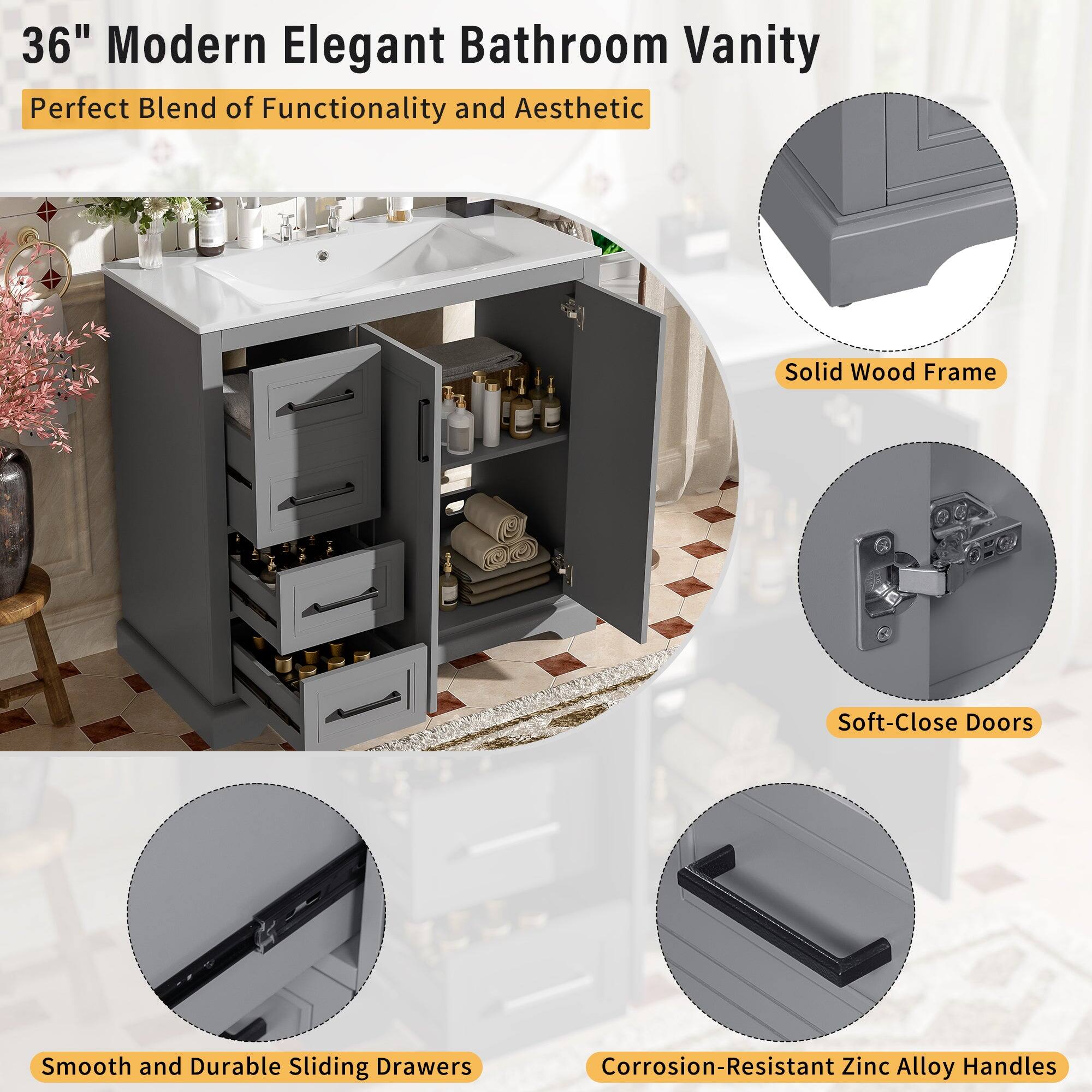 36" Modern Elegant Bathroom Vanity  
Perfect Blend of Functionality and Aesthetic  

- Solid Wood Frame  
- Soft-Close Doors  
- Smooth and Durable Sliding Drawers  
- Corrosion-Resistant Zinc Alloy Handles