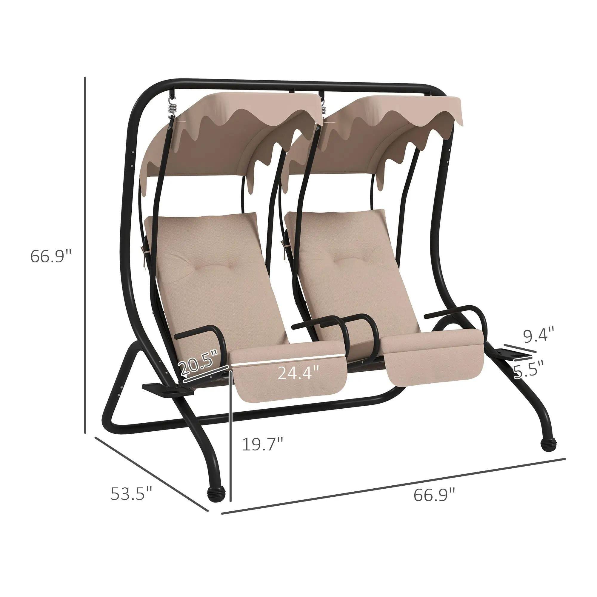 The dimensions of the swing are:

- Width: 66.9"
- Depth: 20.5"
- Height: 9.4"
- Seat Height: 5.5"
- Seat Depth: 19.7"
- Overall Length: 53.5"