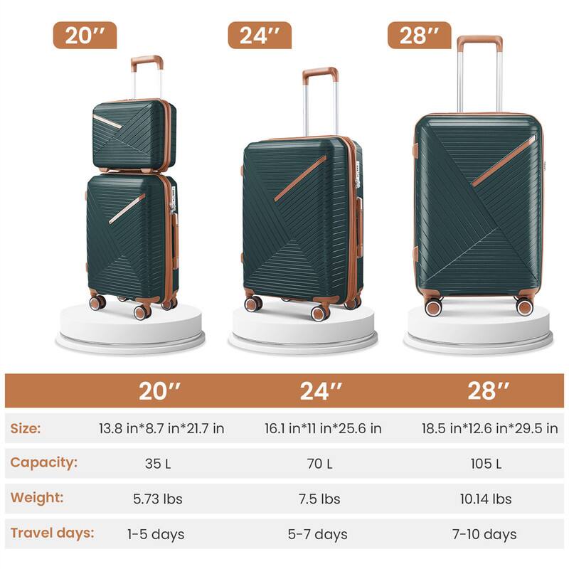 20"  
Size: 13.8 in*8.7 in*21.7 in  
Capacity: 35 L  
Weight: 5.73 lbs  
Travel days: 1-5 days  

24"  
Size: 16.1 in*11 in*25.6 in  
Capacity: 70 L  
Weight: 7.5 lbs  
Travel days: 5-7 days  

28"  
Size: 18.5 in*12.6 in*29.5 in  
Capacity: 105 L  
Weight: 10.14 lbs  
Travel days: 7-10 days