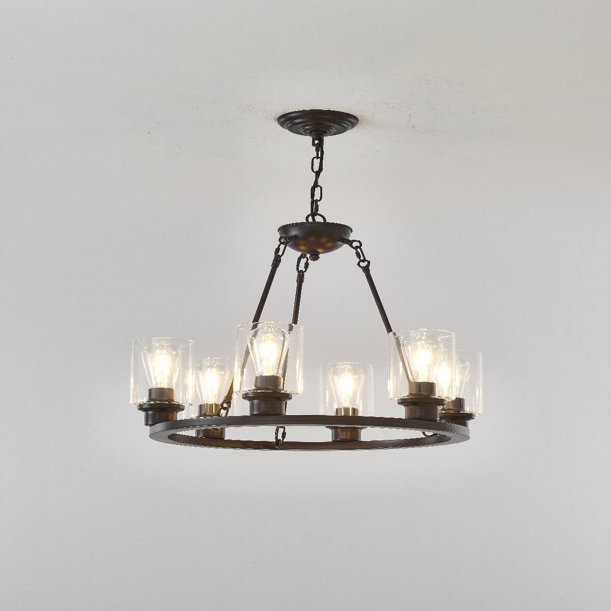 Loheer 6 Light Wagon Wheel Chandelier with Seeded Glass, Black Metal ...