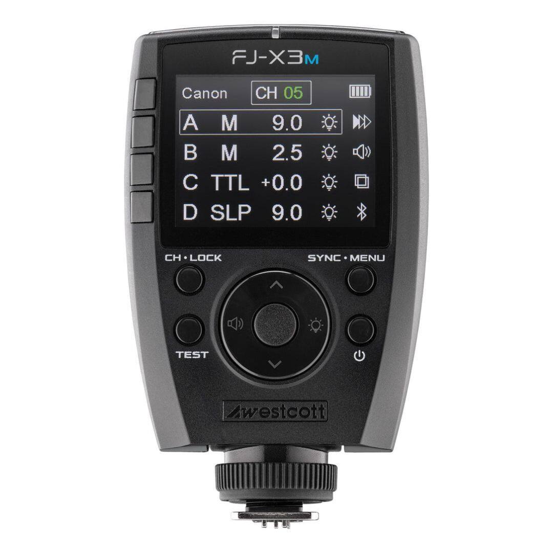 FJ-X3M  
Canon  
CH 05  
A M 9.0  
B M 2.5  
C TTL +0.0  
D SLP 9.0  
CH LOCK  
SYNC MENU  
TEST  
westcott