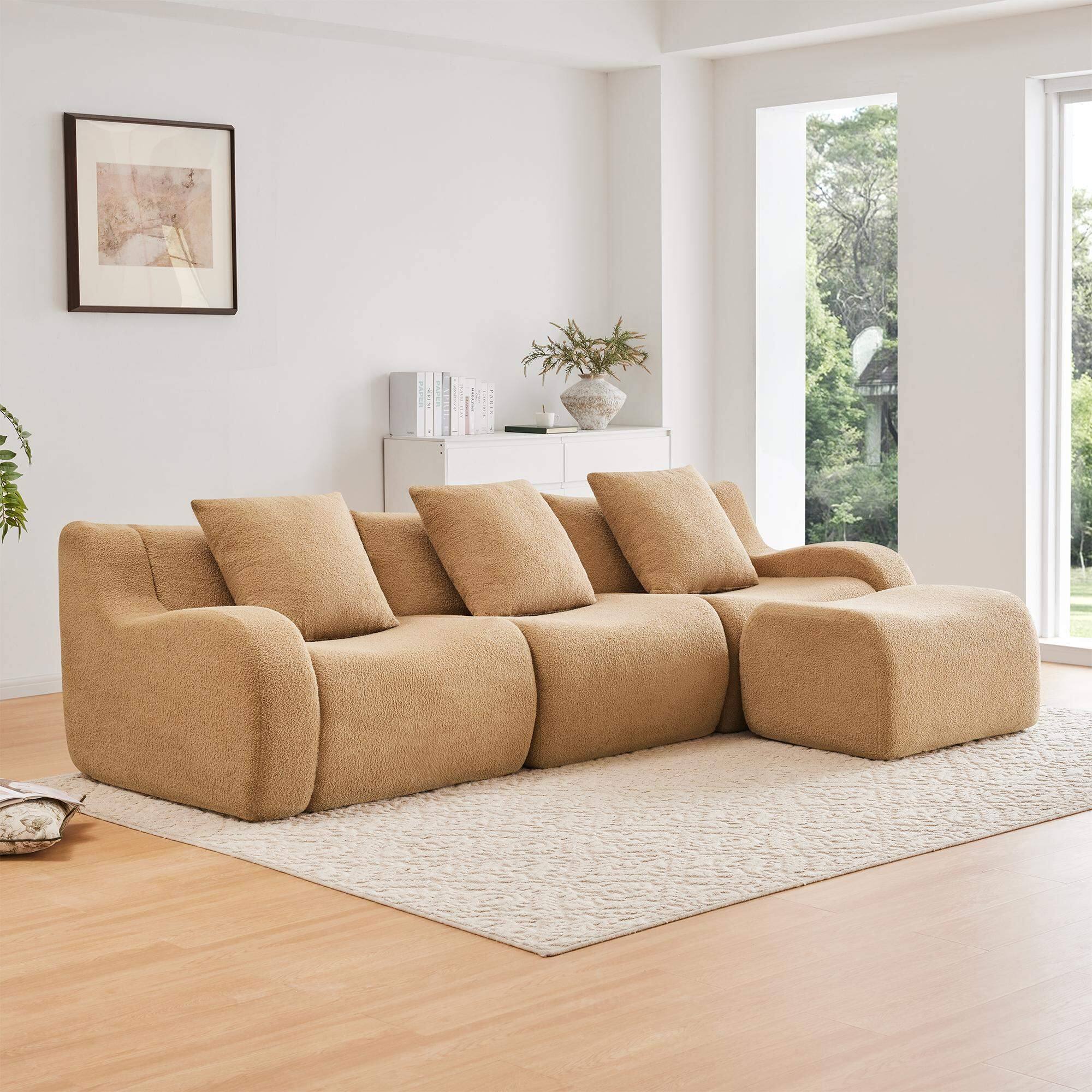 Left. Roomtec - Boneless Sofa3 Seat HighQuality Teddy FabricAntiSlip DesignNo Assembly Curved Armrests Streamlined DesignAssembly - Camel.