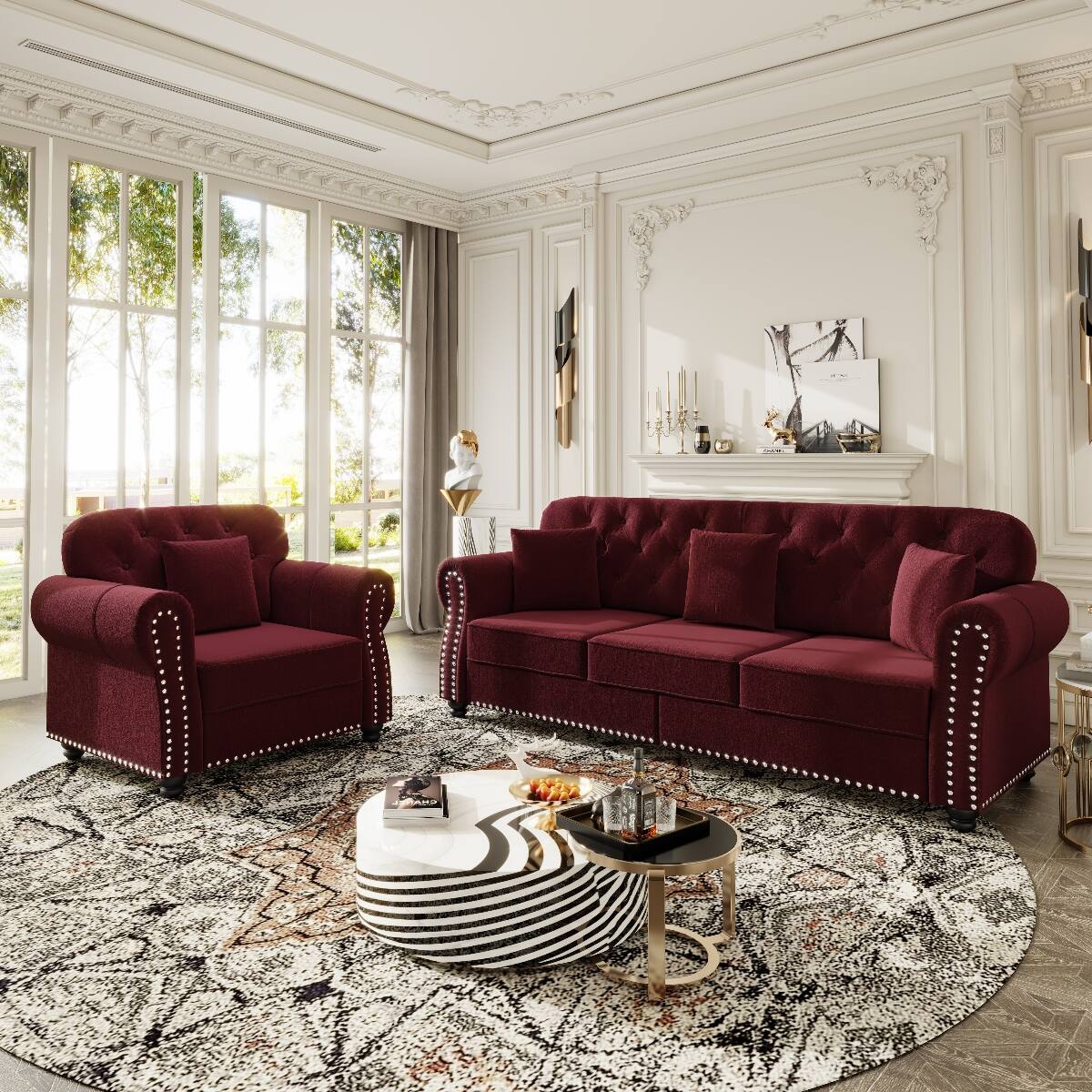 Alt View 1. Ropilly - Ropilly Burgundy Velvet Sofa with Ottoman, Mid Century Modern Chesterfield Sofa, Button Tufted Rolled Arms - Burgundy.