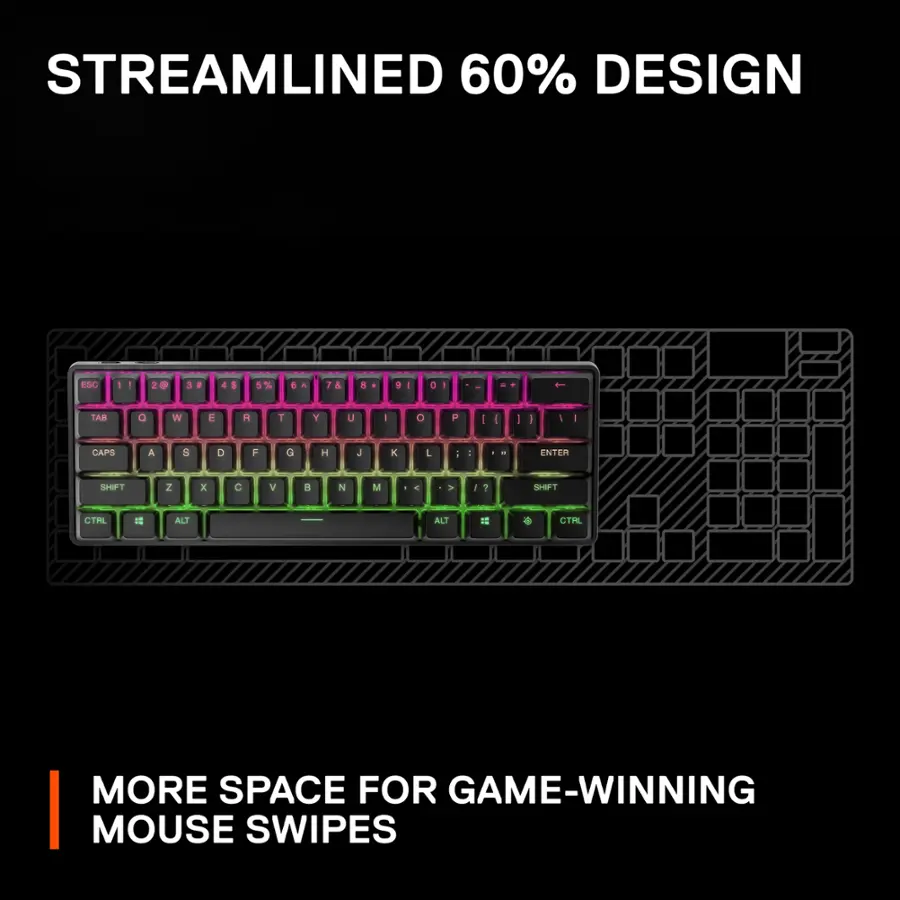Streamlined 60% Design:

ESC: 1
1: 20
3: 1
$: 5%
7&8: 3
a: 1
I: 1
T: 1
Y: 1
U: 1
I: 1
O: 1
P: 1
I: 1

CAPS LOCK: 0
F: 1
G: 1
H: 1
J: 1
K: 1
L: 1

ENTER: 1
SHIFT: 2
CTRL: 1
ALT: 1

More space for game-winning mouse swipes.