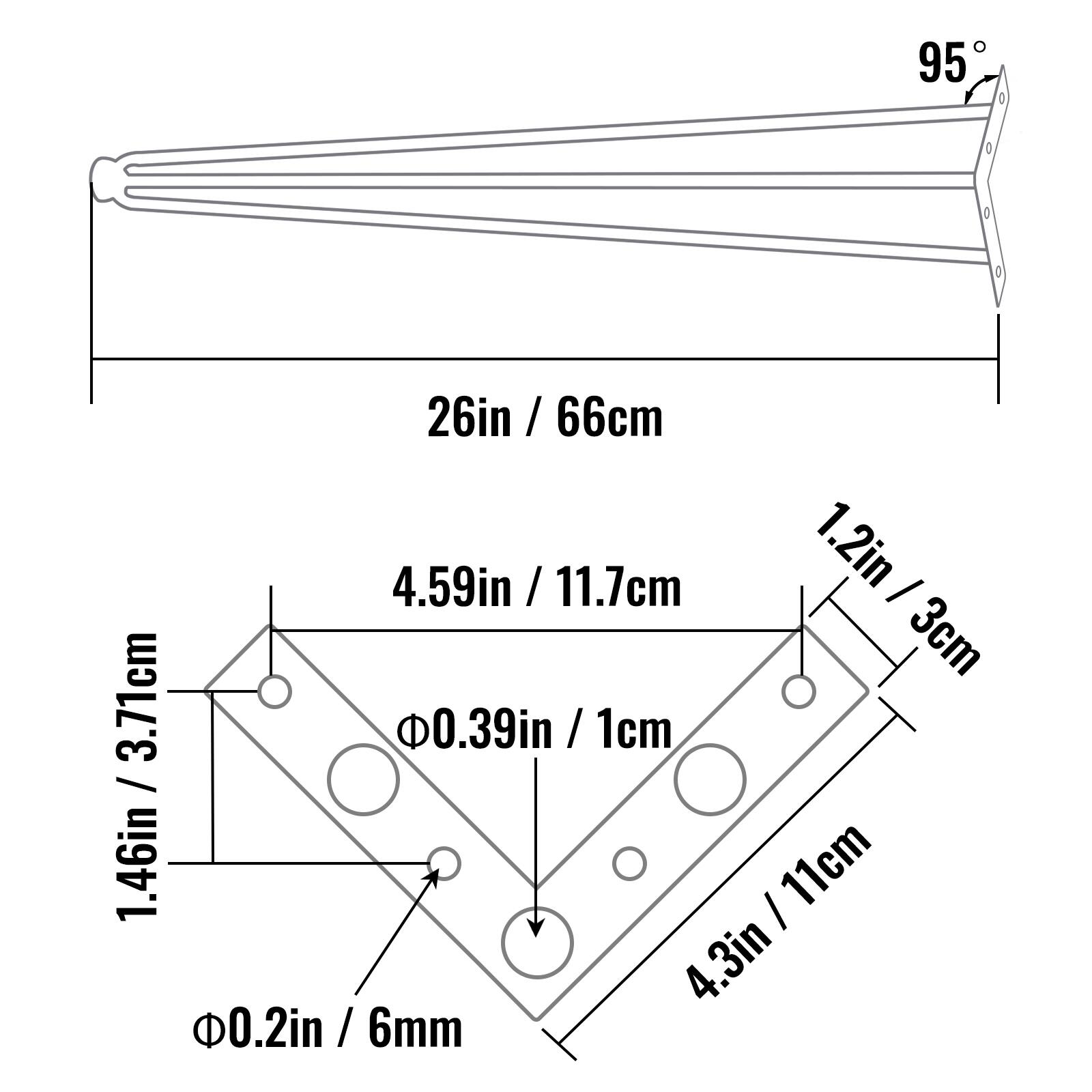 95, 26in / 66cm, 4.59in / 11.7cm, 1.2in / 3cm, 3.71cm, 0.39in / 1cm, 1cm, 1.46in, 11cm, 4.3in, 0.2in / 6mm, 6mm