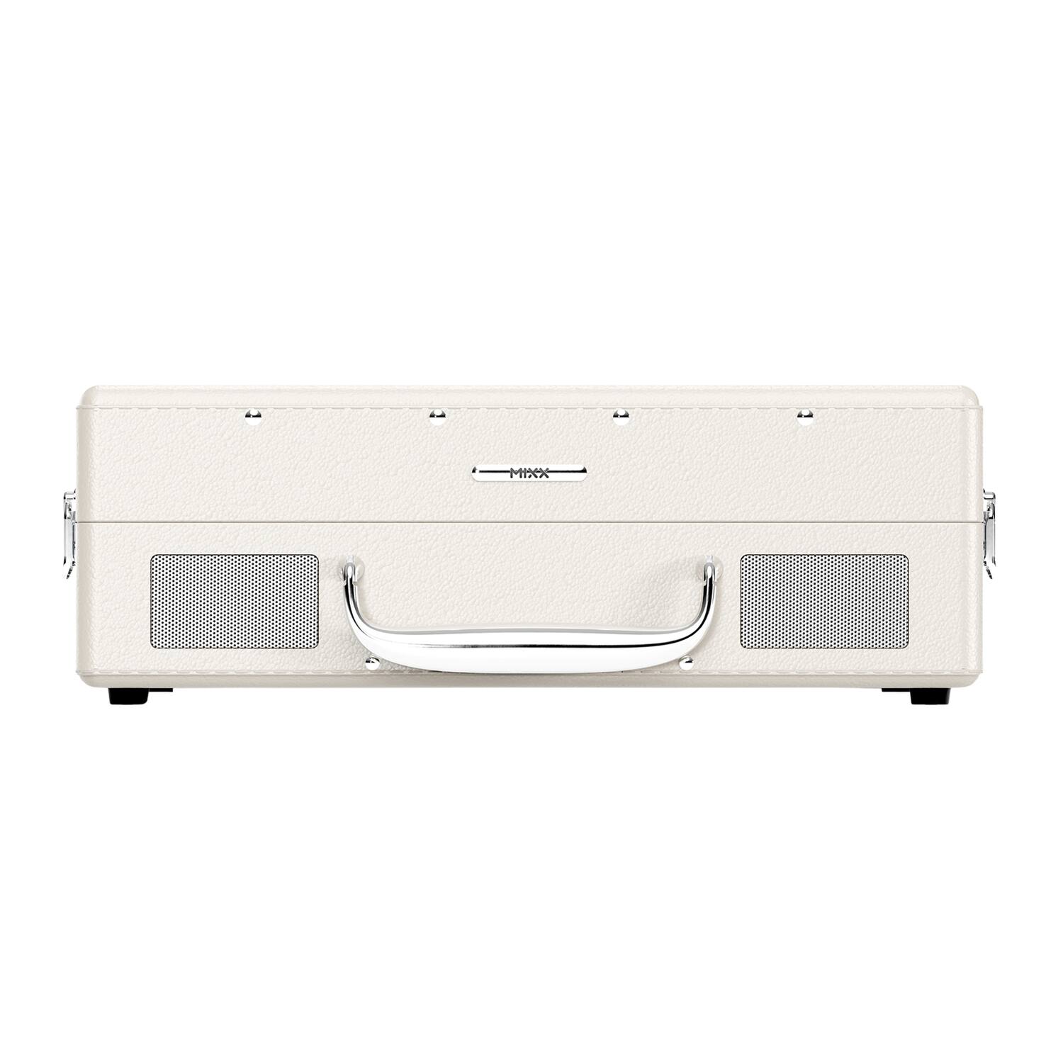 Left. Mixx - 5-Watt Revival 55 3-Speed Belt-Drive Manual Suitcase Record Player with Built-in Speakers, Bluetooth, Aux - Cream.