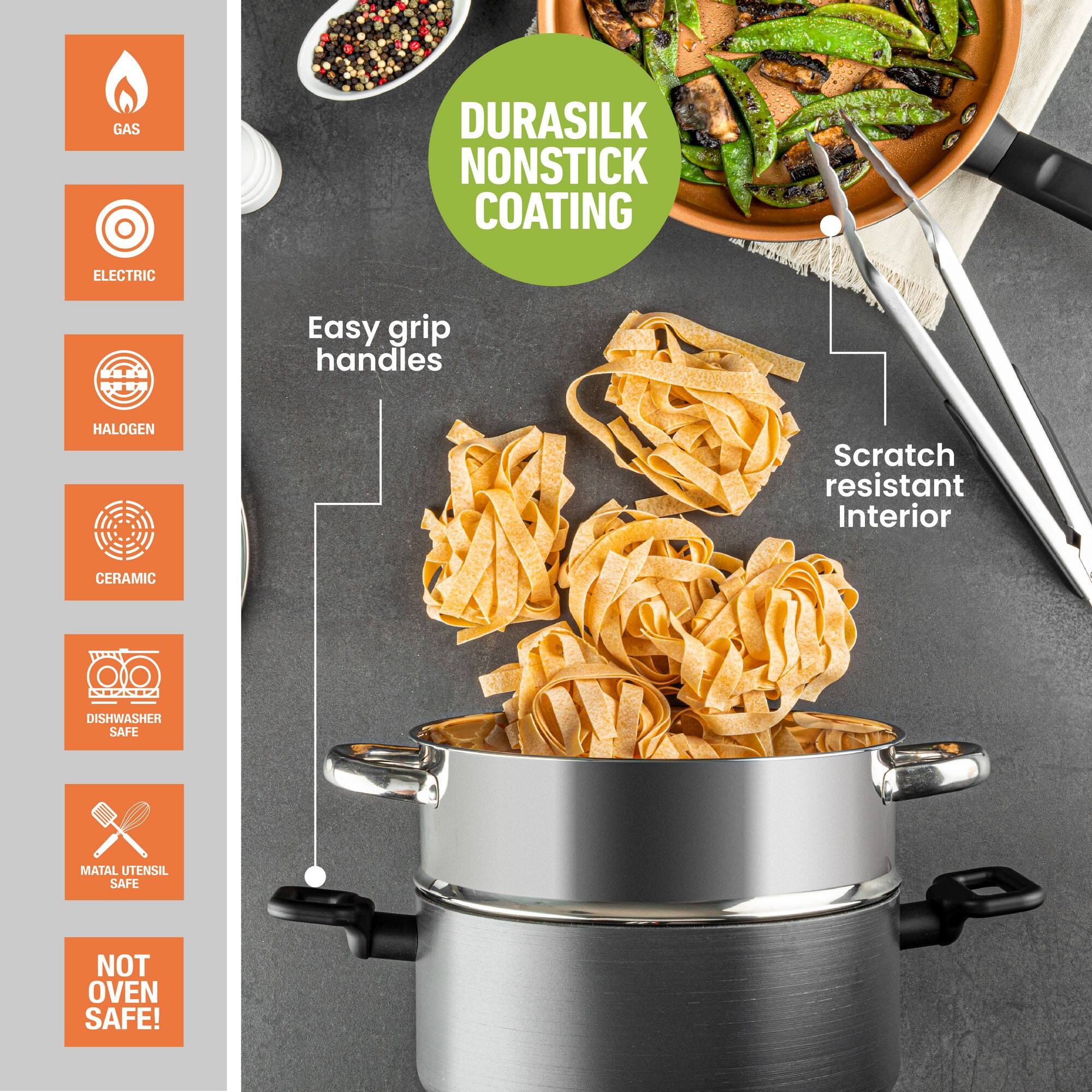 GAS, ELECTRIC, HALOGEN, CERAMIC, DISHWASHER SAFE, MAIAL UTENSIL SAFE, NOT OVEN SAFE!, DURASILK NONSTICK COATING, Easy grip handles, Scratch resistant Interior