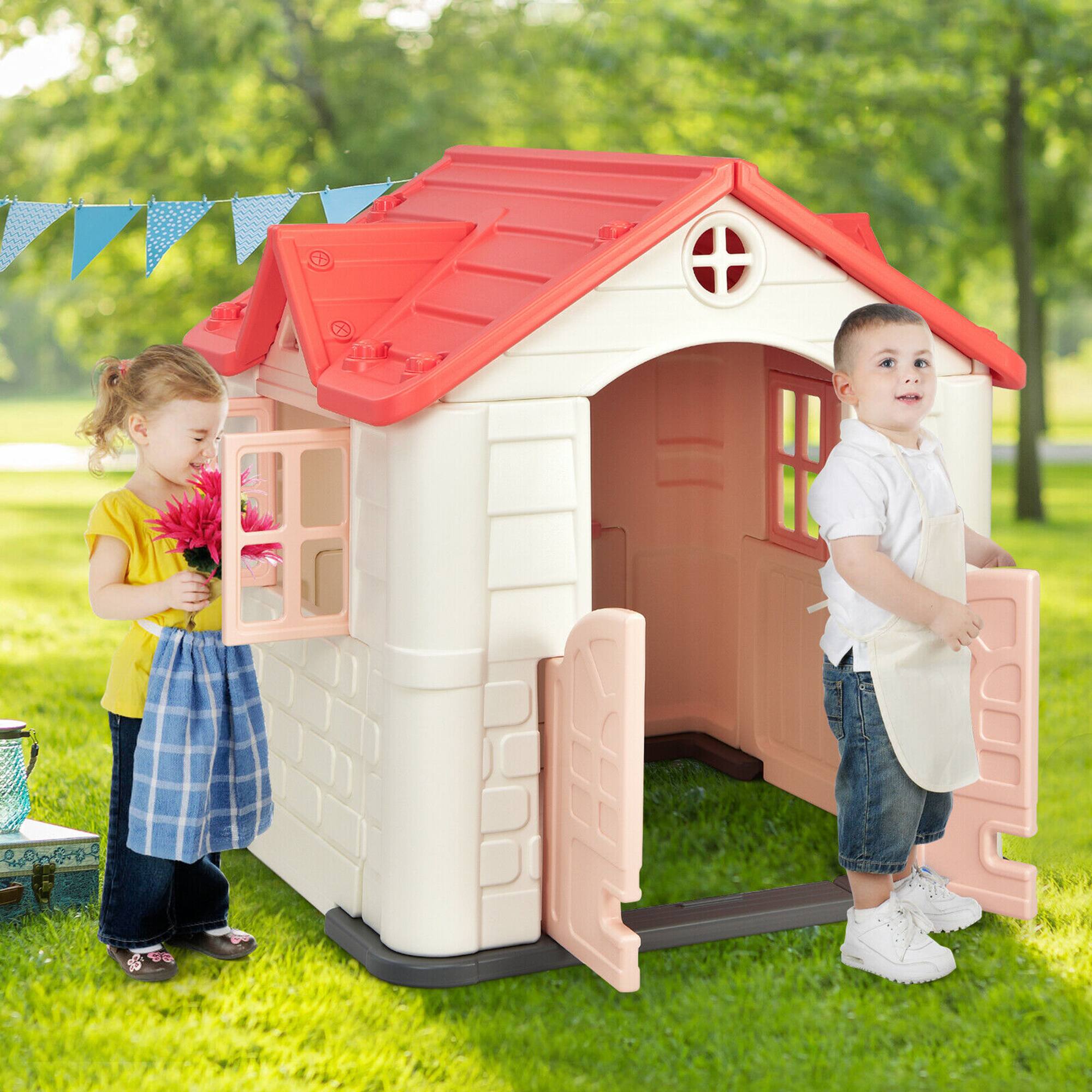 Alt View 3. Gymax - Gymax Kid's Playhouse Games Cottage w/ 7 PCS Toy Set & Waterproof Cover Pink - Pink.
