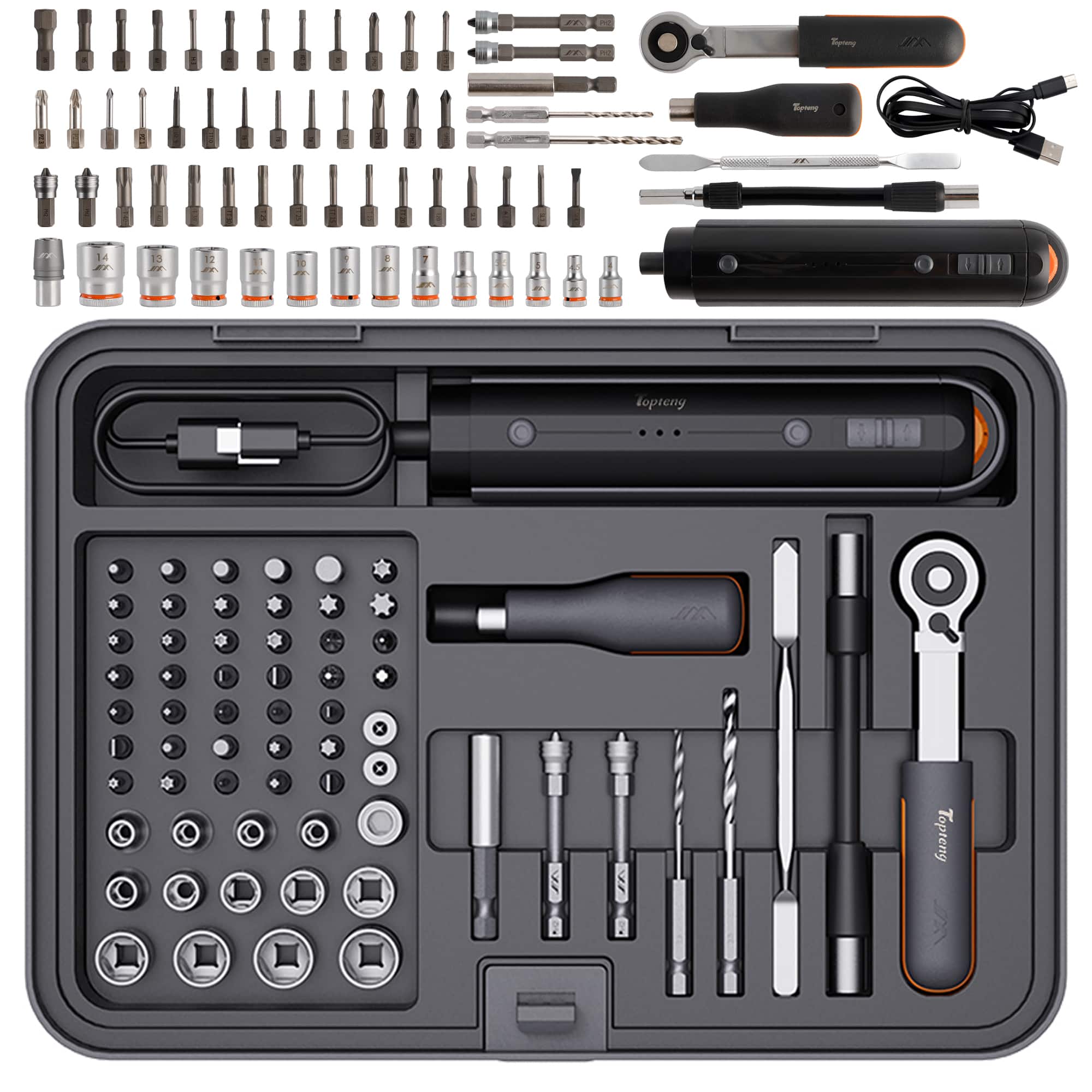 Topteng - 3.6V Cordless Electric Screwdriver Set - 39 S2 Bits & 13 Sockets, 5 Torque Gears, Type-C Charging, 2000mAh Battery