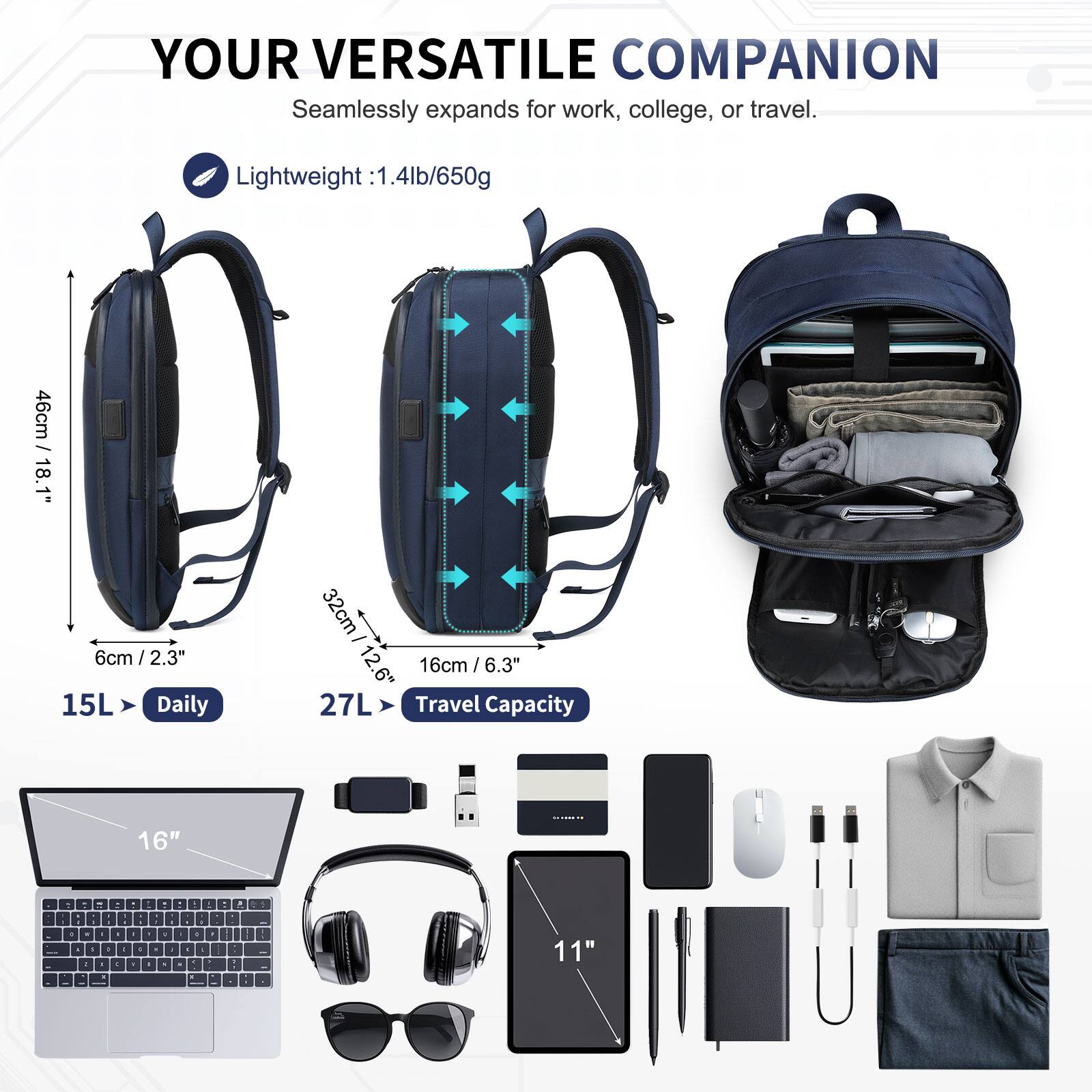 YOUR VERSATILE COMPANION  
Seamlessly expands for work, college, or travel.  

Lightweight: 1.4lb/650g  

46cm/18.1"  
32cm/12.6"  
6cm/2.3"  

15L Daily  
27L Travel Capacity  

16"  
11"