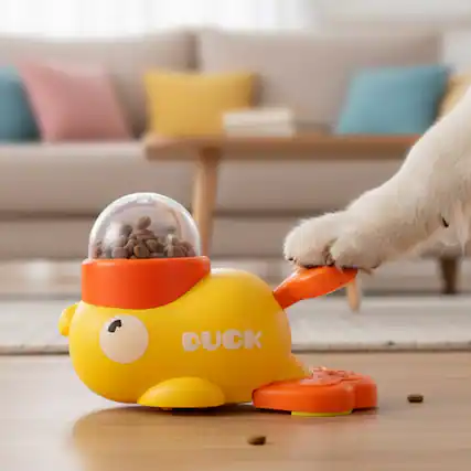 Front. PawsPik - PawsPik Happy Duck Interactive Dog Treat Dispenser Toy, Small, Yellow - orange.
