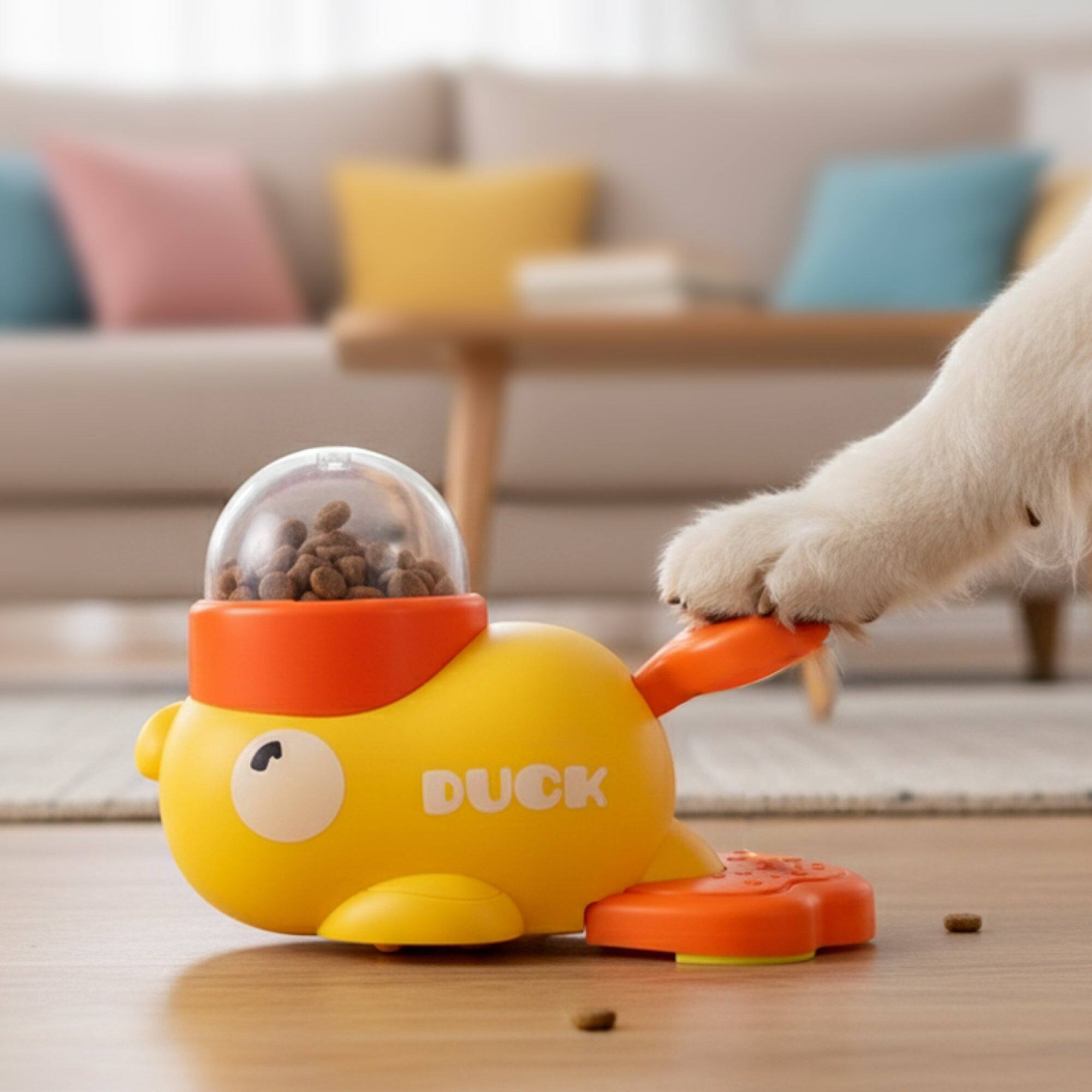 Front. PawsPik - PawsPik Happy Duck Interactive Dog Treat Dispenser Toy, Small, Yellow - orange.