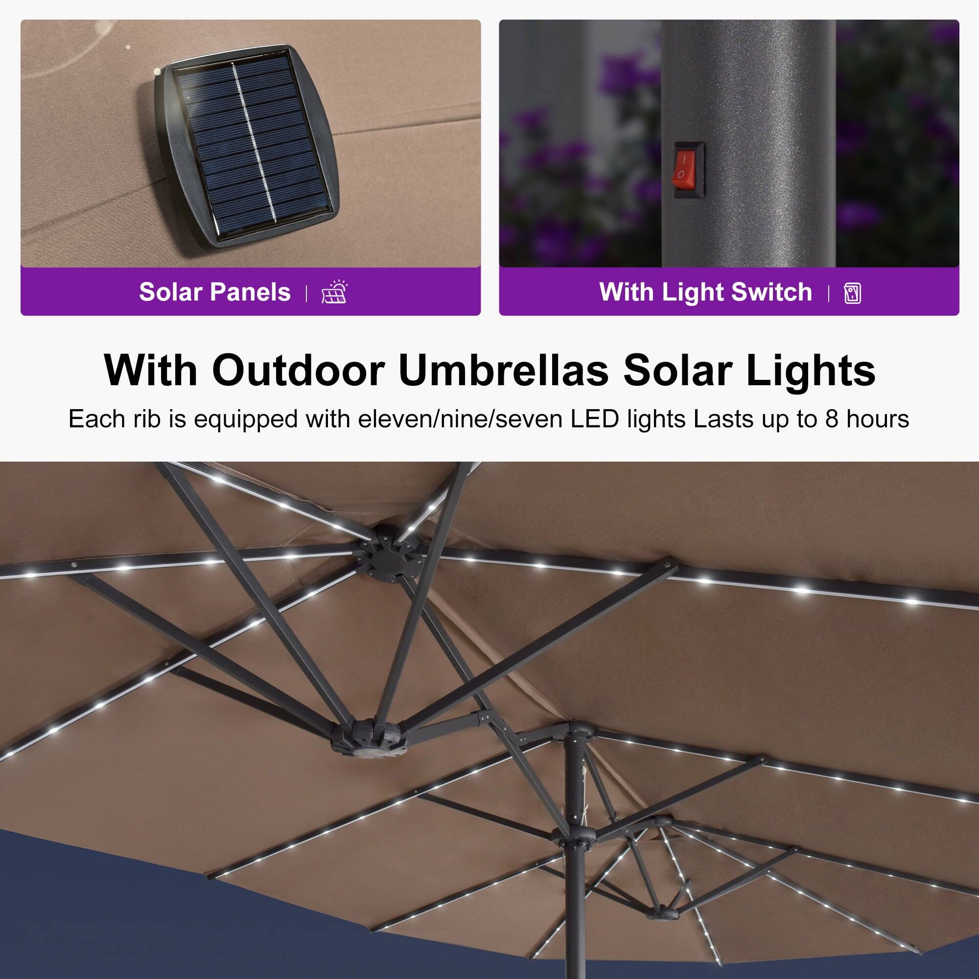 Solar Panels | With Light Switch

With Outdoor Umbrellas Solar Lights

Each rib is equipped with eleven/nine/seven LED lights. Lasts up to 8 hours.