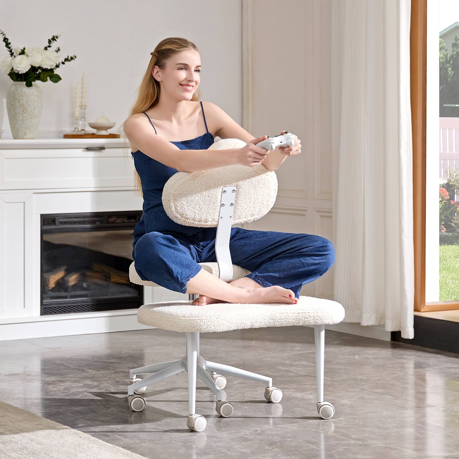 Angle. Pinmoco - Pinmoco Ergonomic Cross-Legged Office Chair with Wheels,Height Adjustable Backrest and Seat,Yoga Office Chair, Off-White - Off-White.