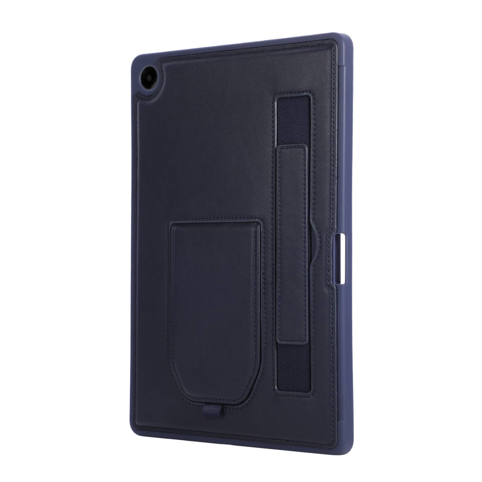 Back. Dteck - Shockproof Case for Samsung Galaxy Tab A11+ with Hand Strap and Foldable Kickstand, PU Leather TPU Protective Cover - Blue.