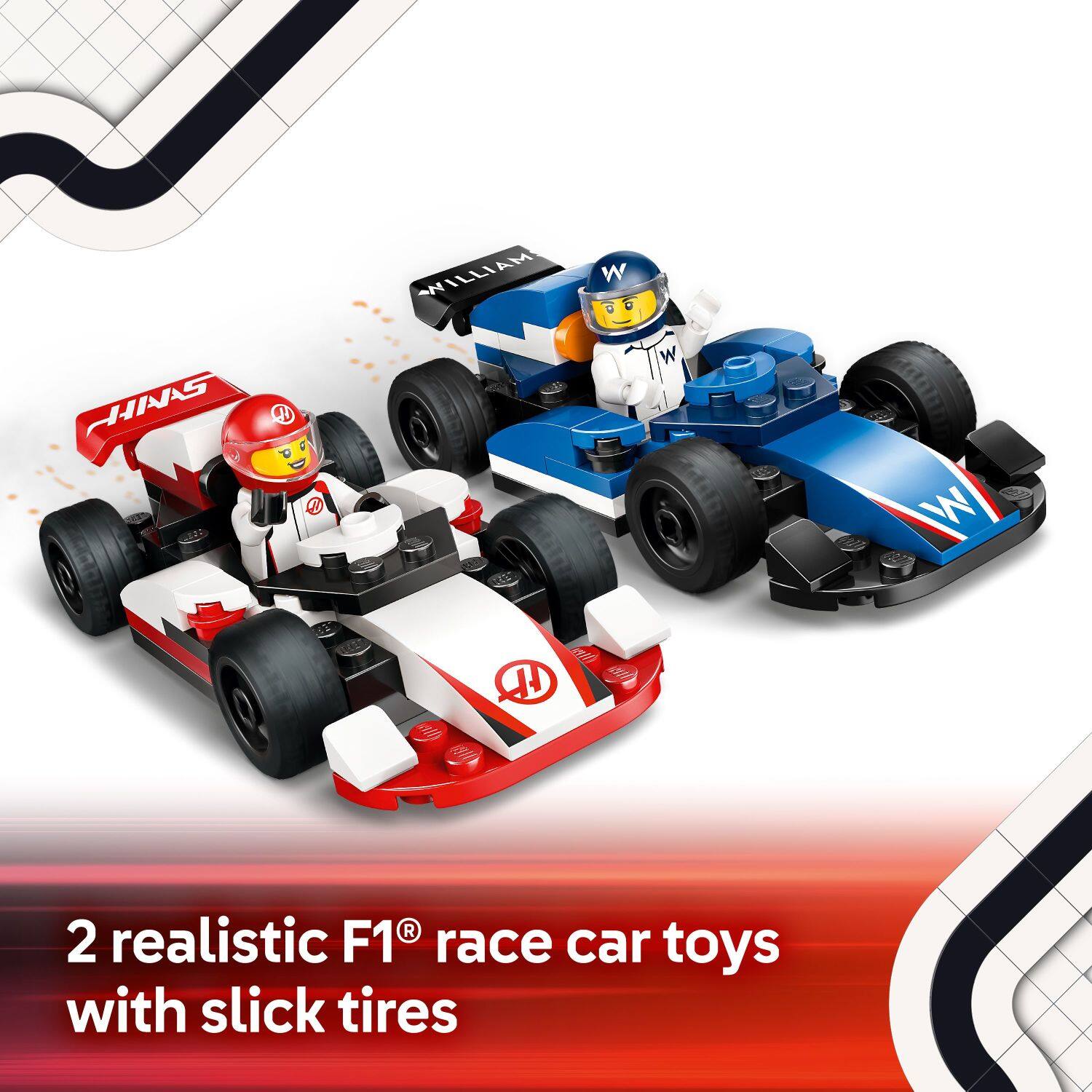 2 realistic F1 race car toys with slick tires.