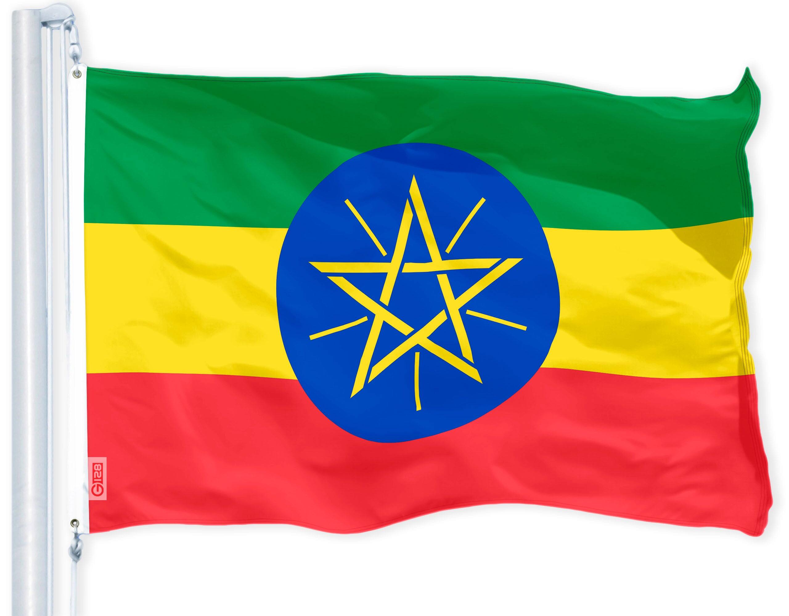 Front. G128 - Ethiopia Flag 3x5 ft 150D Polyester with Brass Grommets - Assorted Colors.