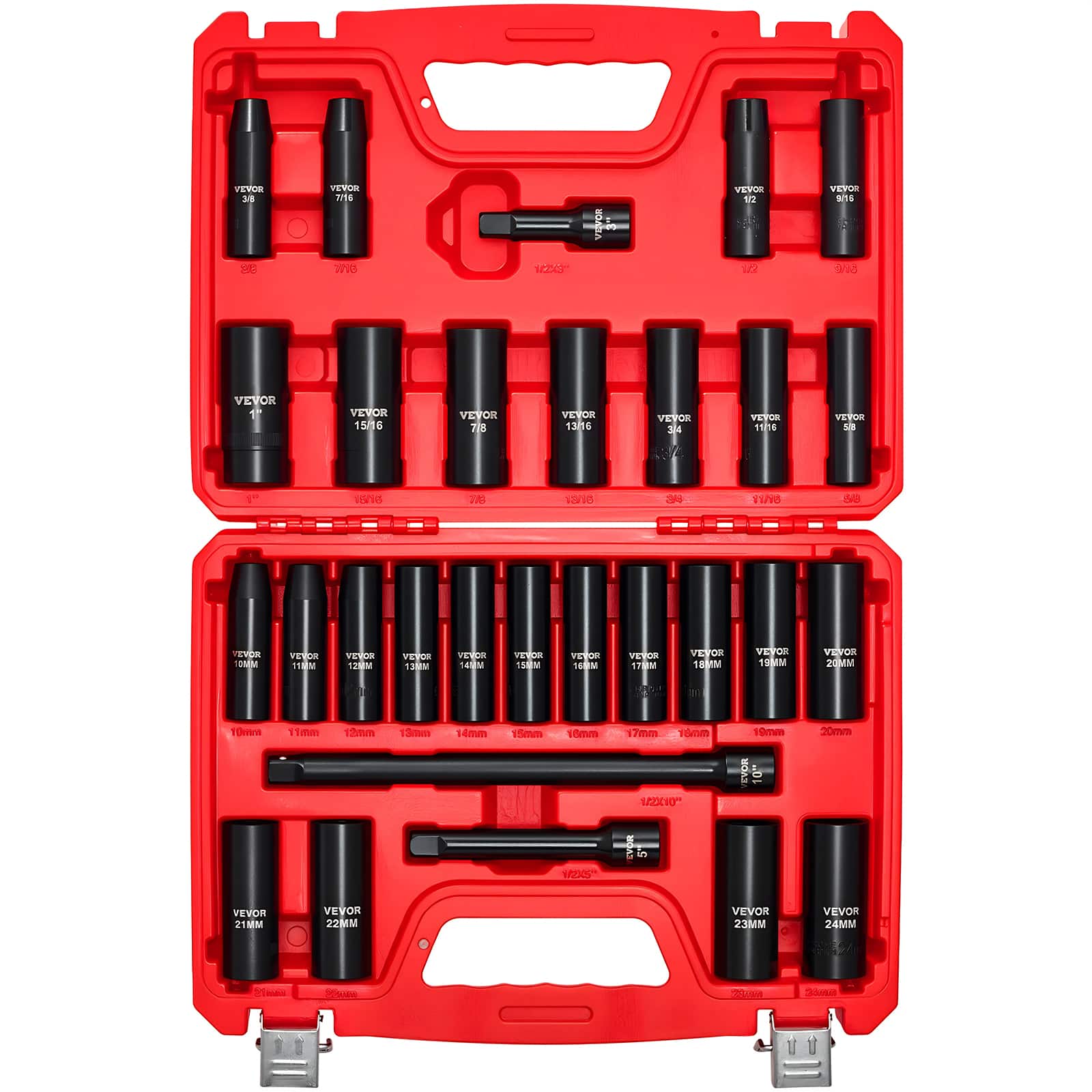 VEVOR - 1/2 in Drive Impact Socket Set, 29 Piece, 6 Point Deep Impact Sockets, SAE (3/8 to 1 inch) and Metric - Red