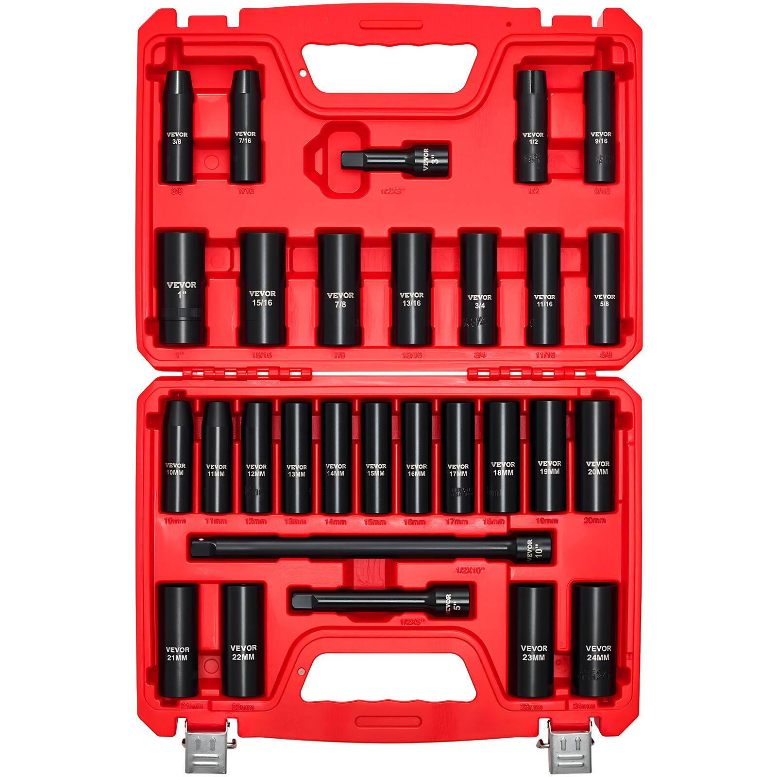 VEVOR - 1/2 in Drive Impact Socket Set, 29 Piece, 6 Point Deep Impact Sockets, SAE (3/8 to 1 inch) and Metric - Red