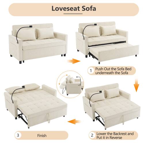 Loveseat Sofa

1. Push out the sofa bed underneath the sofa.
2. Lower the backrest and put it in reverse.
3. Finish