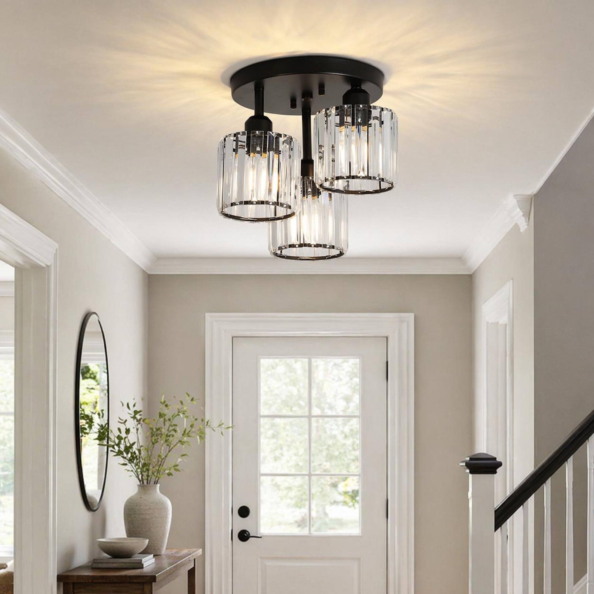 Angle. RYHNUYNE - 3-Light Semi Flush Mount Ceiling Fixture with Clear Crystal Accents, Modern Close-to-Ceiling Black Metal Design.