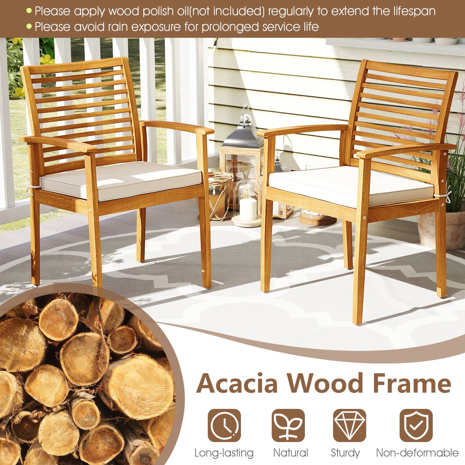 - Please apply wood polish oil (not included) regularly to extend the lifespan
- Please avoid rain exposure for prolonged service life

Acacia Wood Frame

- Long-lasting
- Natural
- Sturdy
- Non-deformable