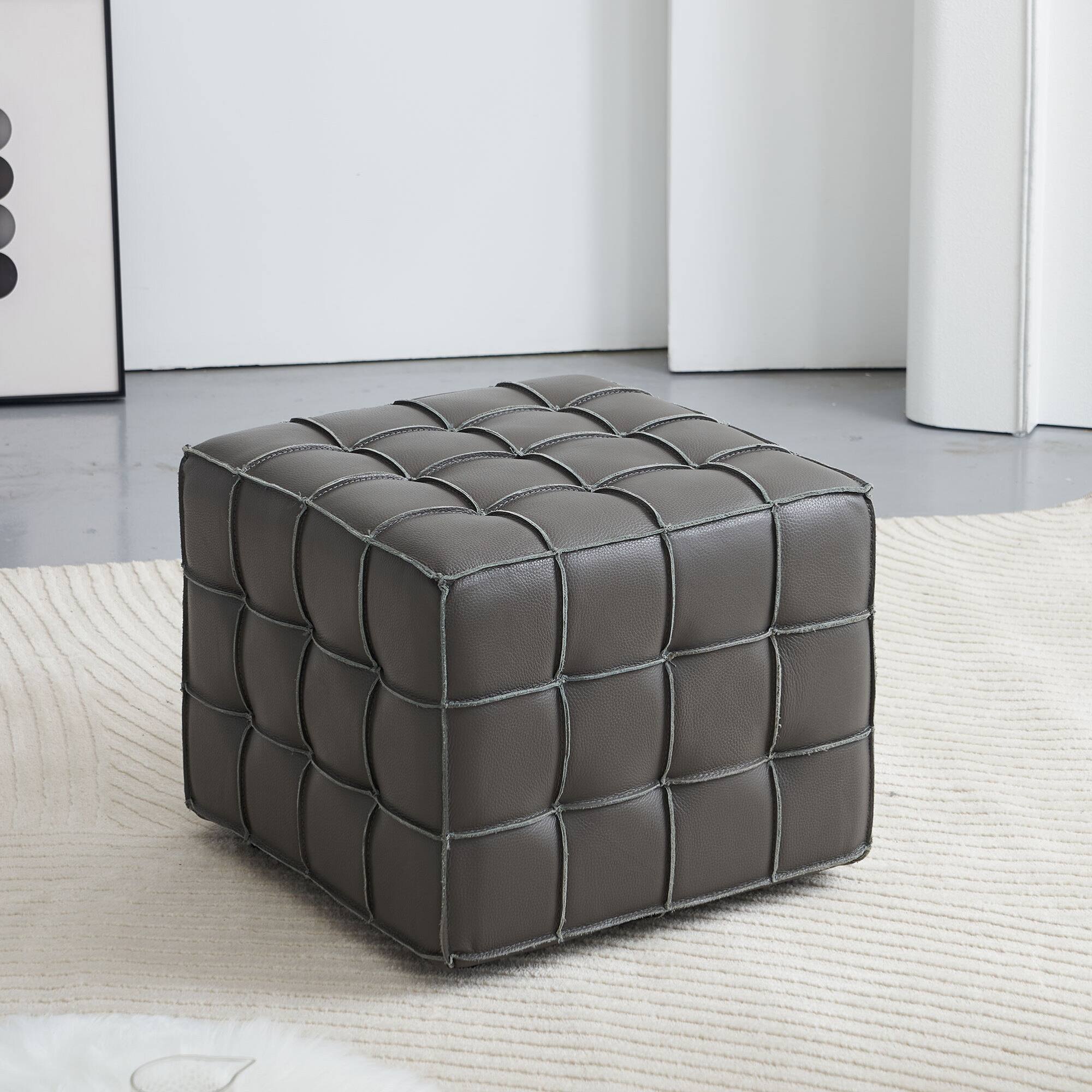 Alt View 4. GOODSILO - Genuine Leather Tufted Ottoman with Solid Wood Frame for Living Room and Bedroom Footrest and Seating - Grey.