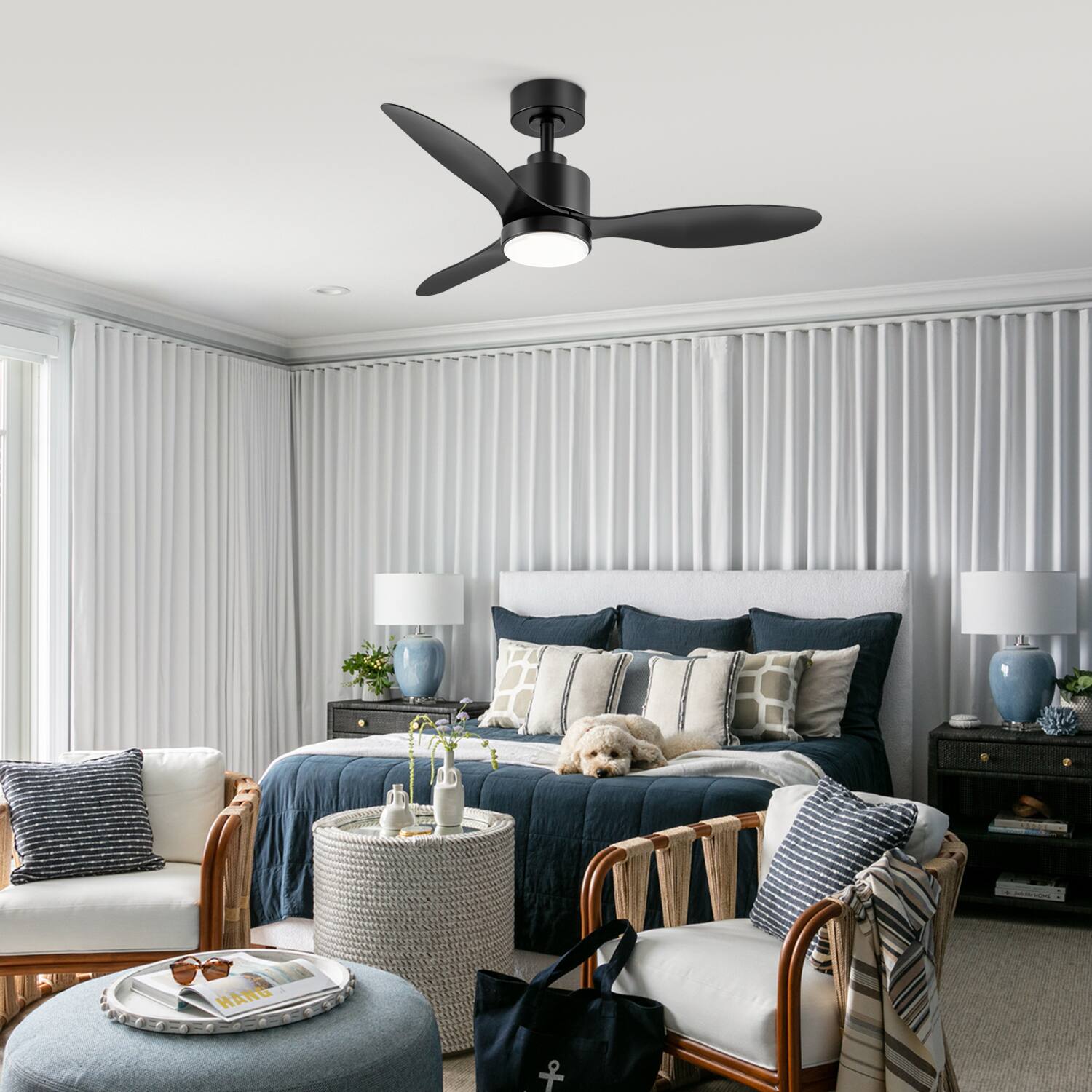 Alt View 5. Breezary - 42" Modern Indoor Ceiling Fan, 3 ABS Blades, 6-Speed DC Motor, Remote Control, Timer, 5'' Downrod, Light/No Light Option - Black (With Light).