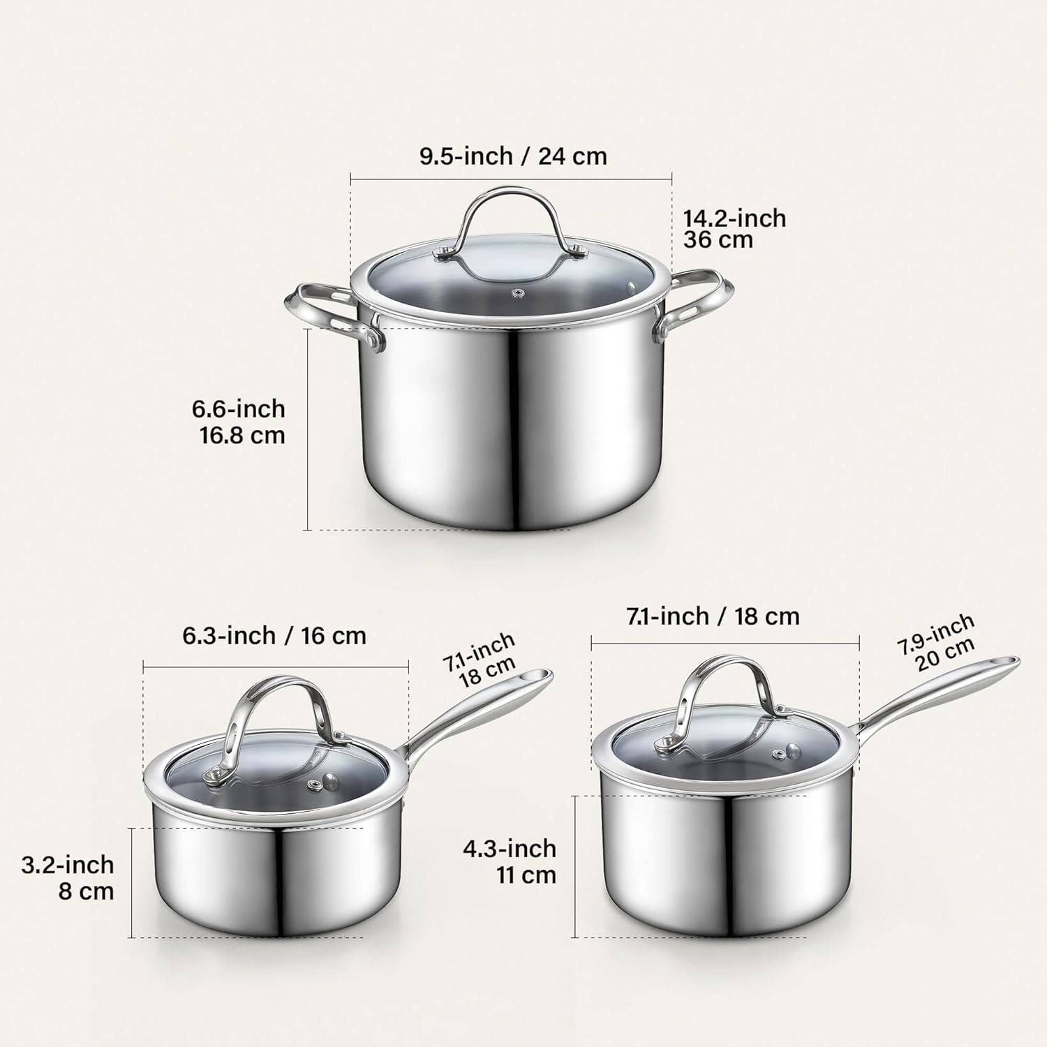 9.5-inch / 24 cm  
14.2-inch / 36 cm  
6.6-inch / 16.8 cm  
6.3-inch / 16 cm  
7.1-inch / 18 cm  
7.1-inch / 18 cm  
7.9-inch / 20 cm  
3.2-inch / 8 cm  
4.3-inch / 11 cm